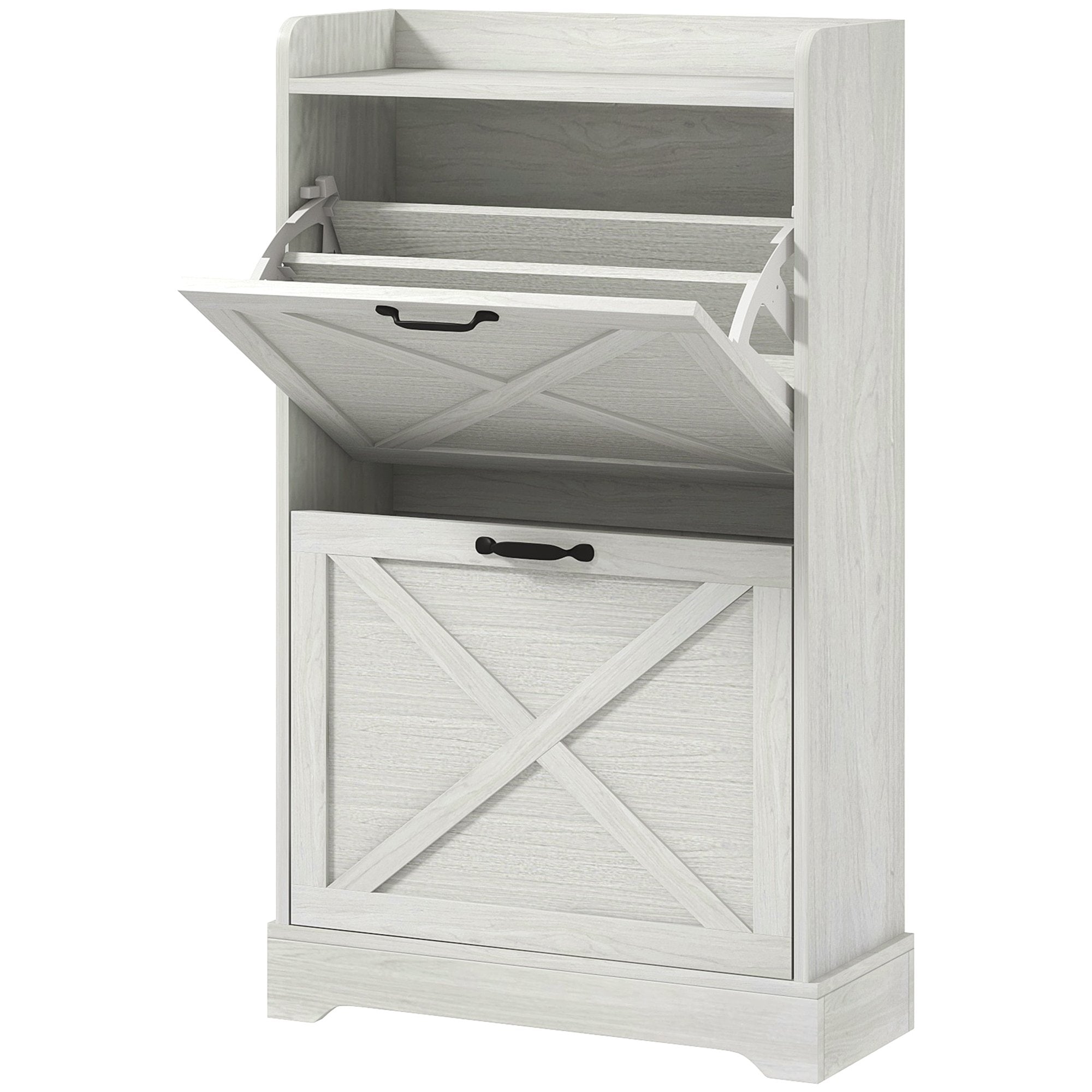 Slim Shoe Storage Cabinet, Farmhouse Shoe Cabinet with 2 Flip Drawers, Adjustable Shelves for 8 Pairs, Distressed White