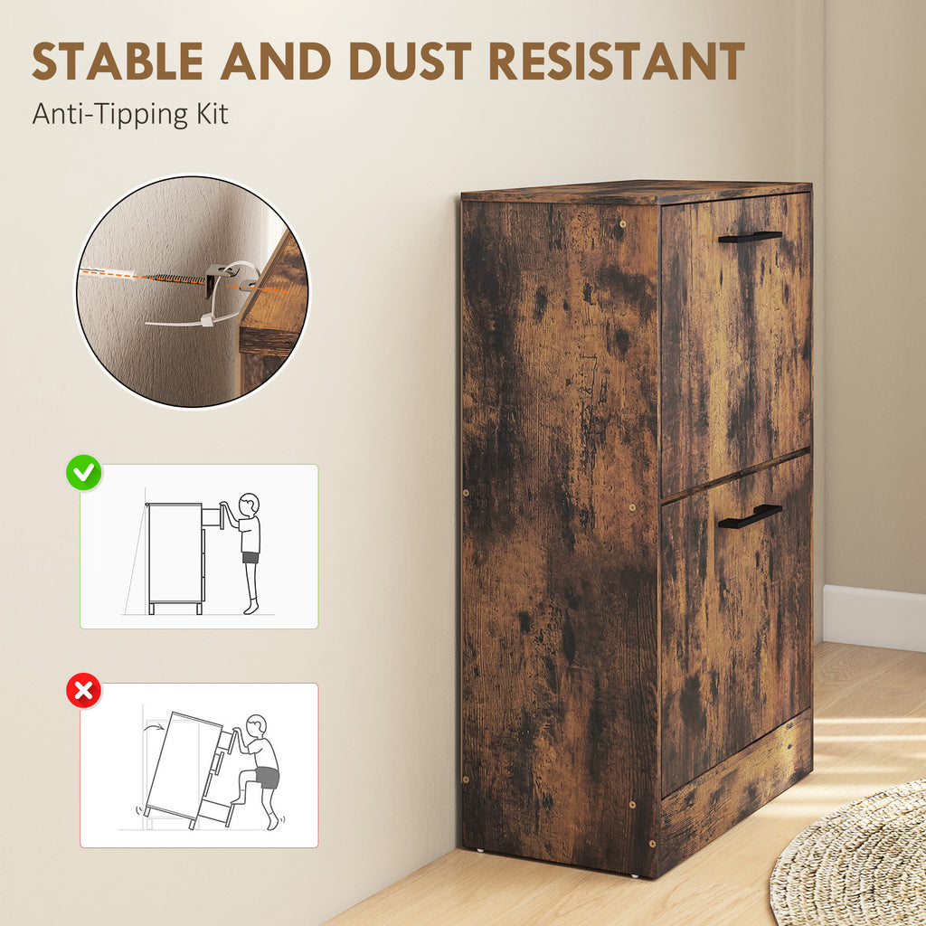 Shoe Cabinet 2 Flip Drawers Narrow Shoe Storage Unit Adjustable Dividers Entryway Hallway Rustic Brown
