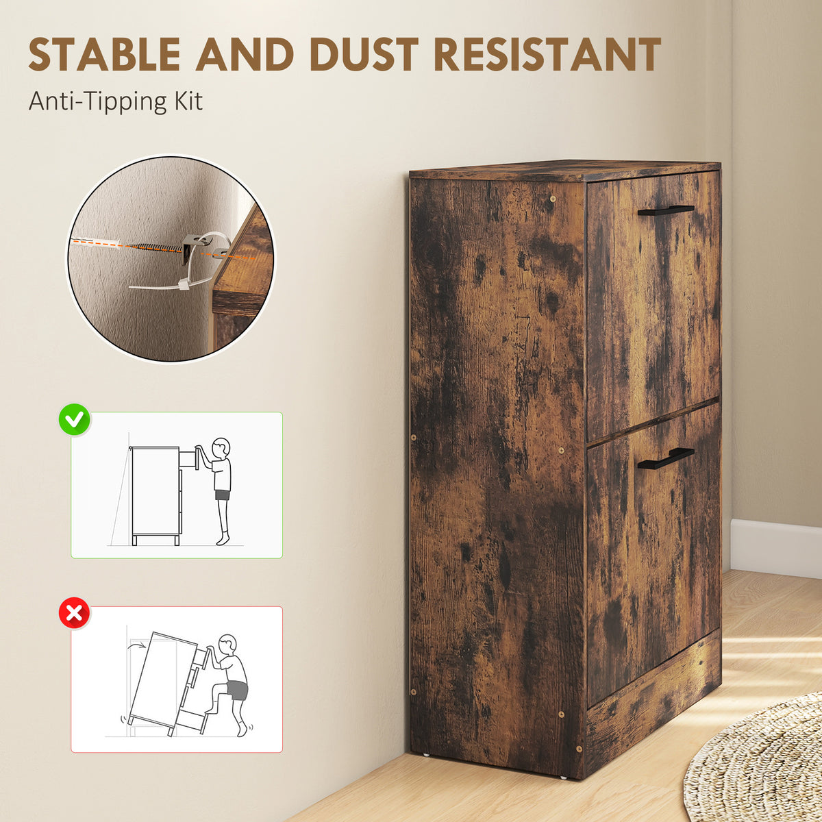 Shoe Cabinet 2 Flip Drawers Narrow Shoe Storage Unit Adjustable Dividers Entryway Hallway Rustic Brown