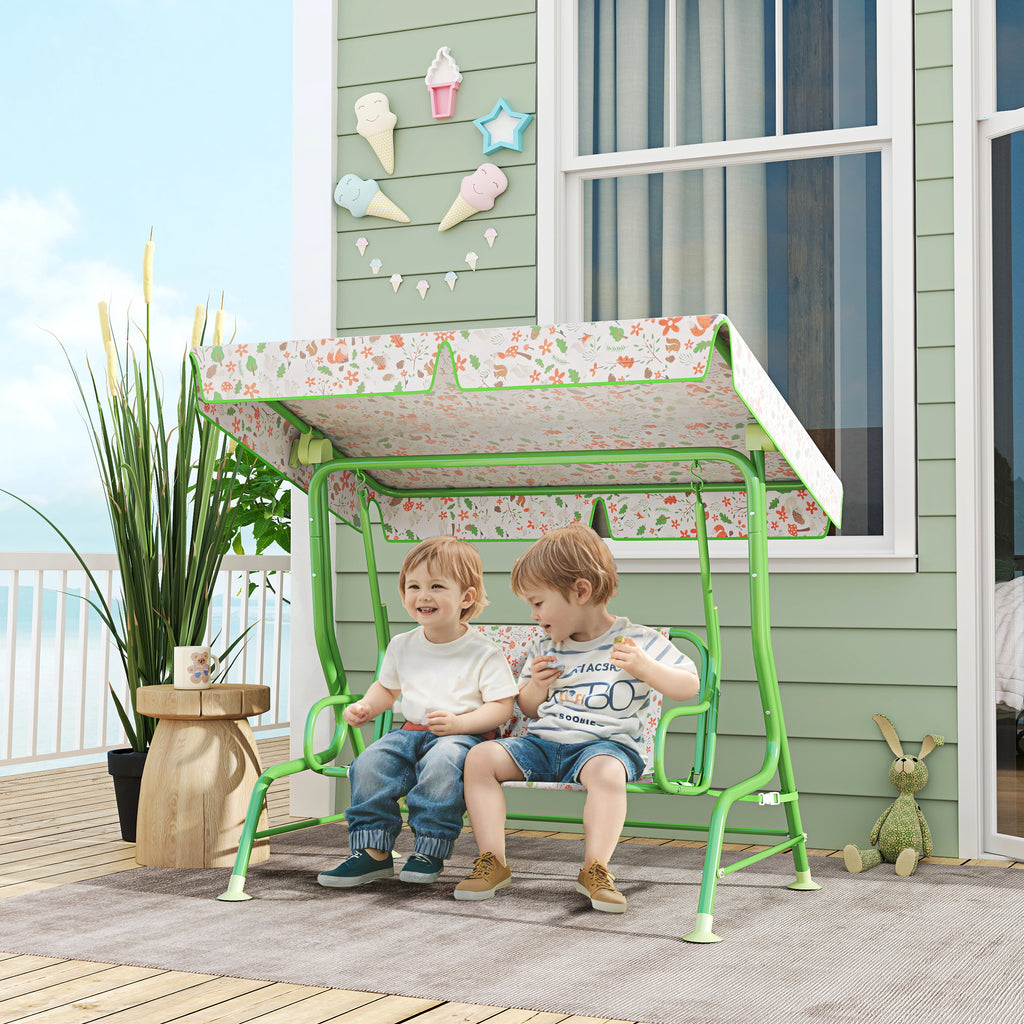 Kids Patio Swing Chair with Adjustable Canopy, Safety Belt for Patio, Garden, Poolside, Balcony, Green