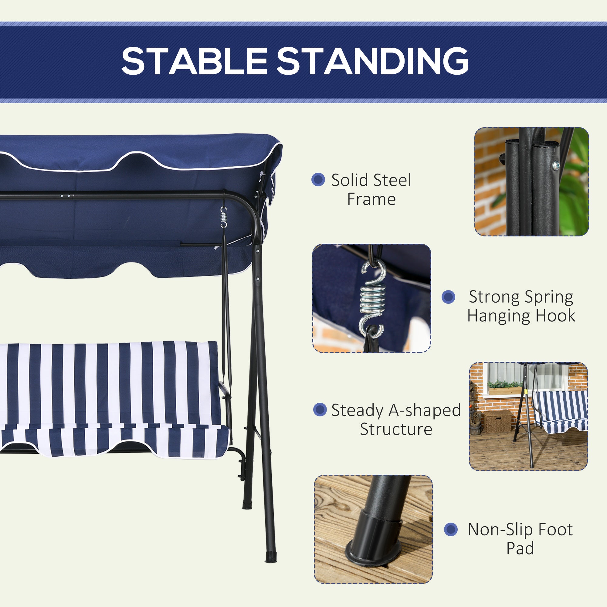 3-Seat Outdoor Patio Swing Chair with Cushion, Steel Frame Stand, Adjustable Tilt Canopy for Patio, Garden, Dark Blue