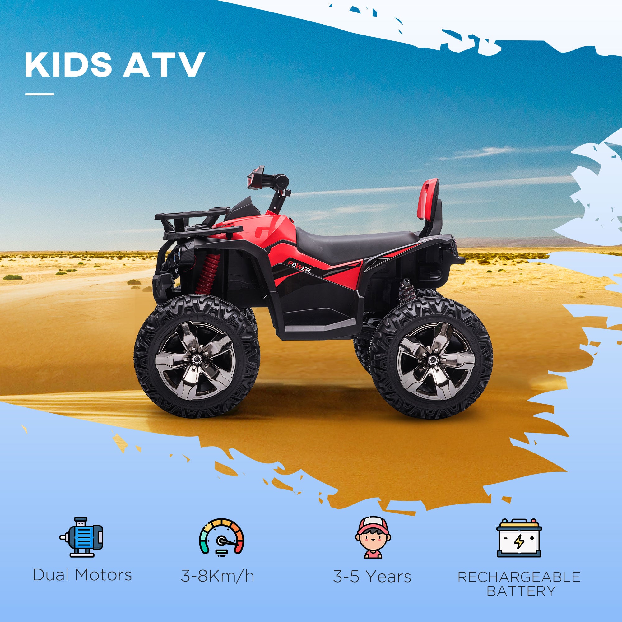 12V 4 Wheeler Kids ATV with Music, Headlights for 37-60 Months Boys and Girls, Red