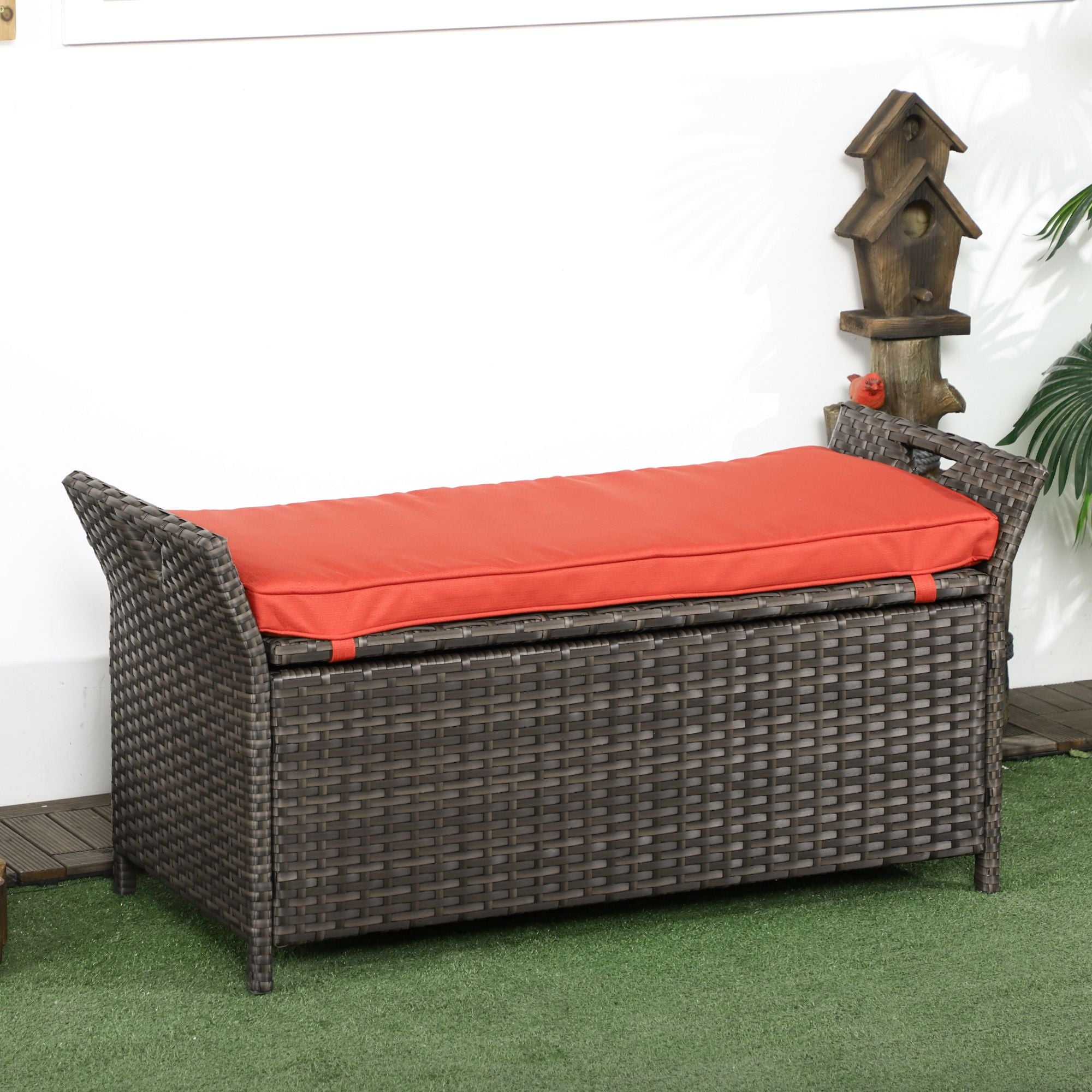 29 Gallon Patio Wicker Storage Bench, Outdoor PE Rattan Furniture, 2-In-1 Large Capacity Rectangle Garden Storage Box with Handles and Cushion, Red