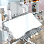 Height Adjustable Kids Desk and Chair Set for Writing Drawing w/ Tilt Desktop, Storage Drawer and Reading Rack, Gray