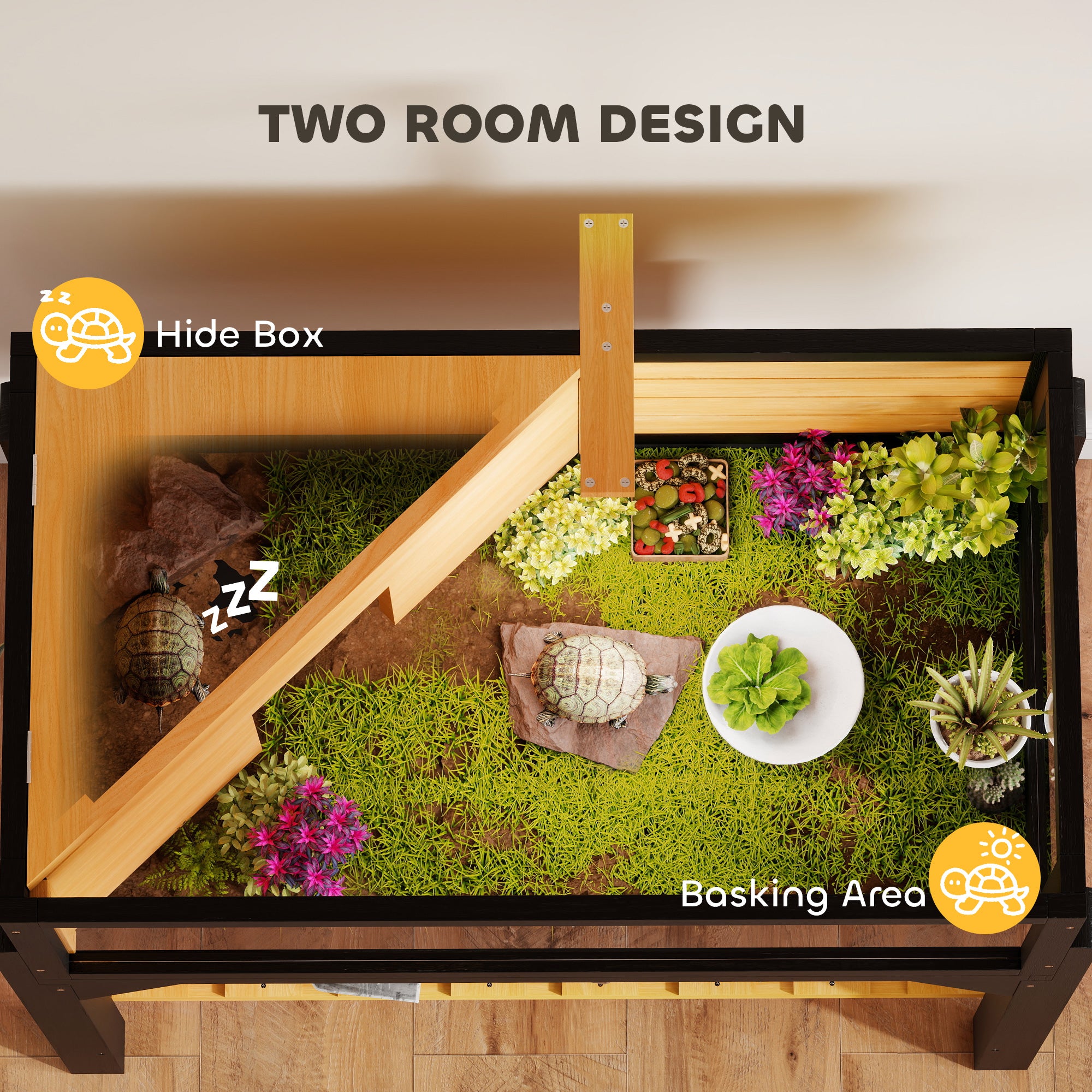 Wooden Tortoise Habitat with Storage Shelf, Tortoise Enclosure with Clear Windows, Openable Top, Lamp Holder, Yellow