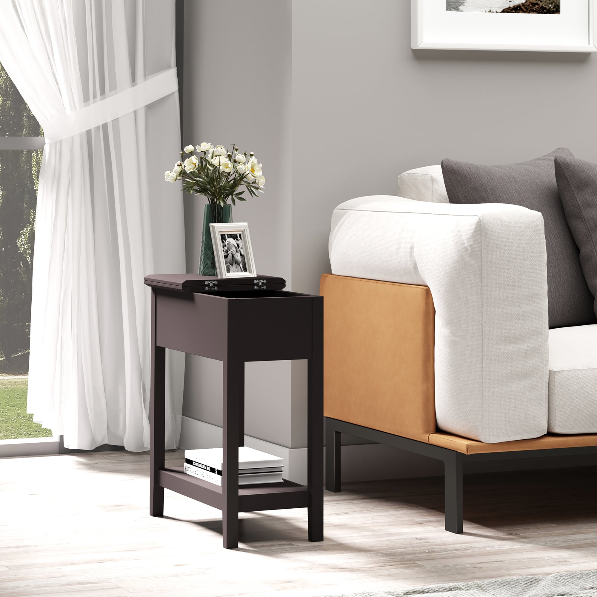 End Table, Narrow Side Table with Flip Top, Storage Cabinet, Bottom Shelf for Living Room, Dark Coffee