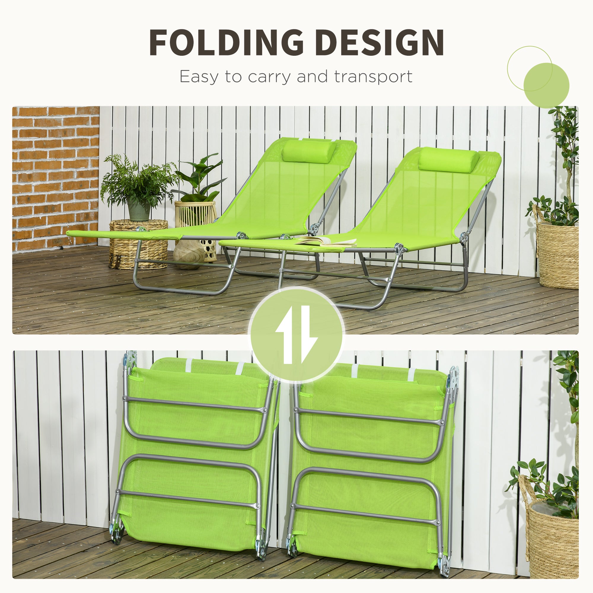 2 Piece Folding Chaise Lounge Chairs, Pool Sun Tanning Chairs with Reclining Back, Breathable Mesh Seat, Headrest for Beach, Yard, Patio, Green