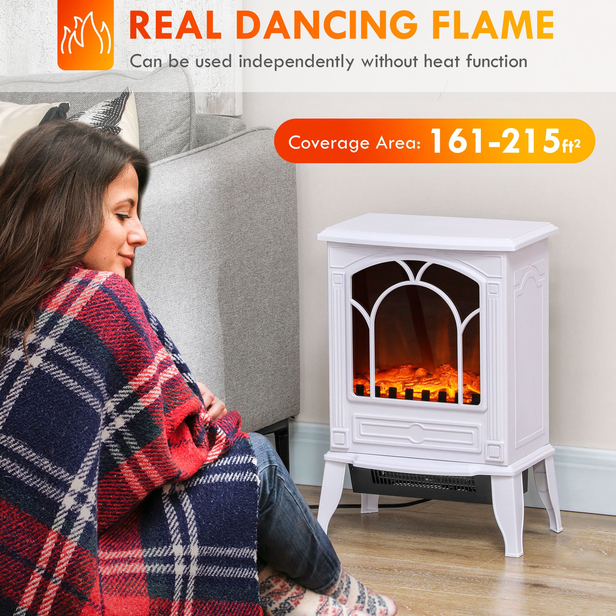 Electric Fireplace Heater, Freestanding Fireplace Stove with Realistic Flame Effect Overheat Protection 725W/1450W White