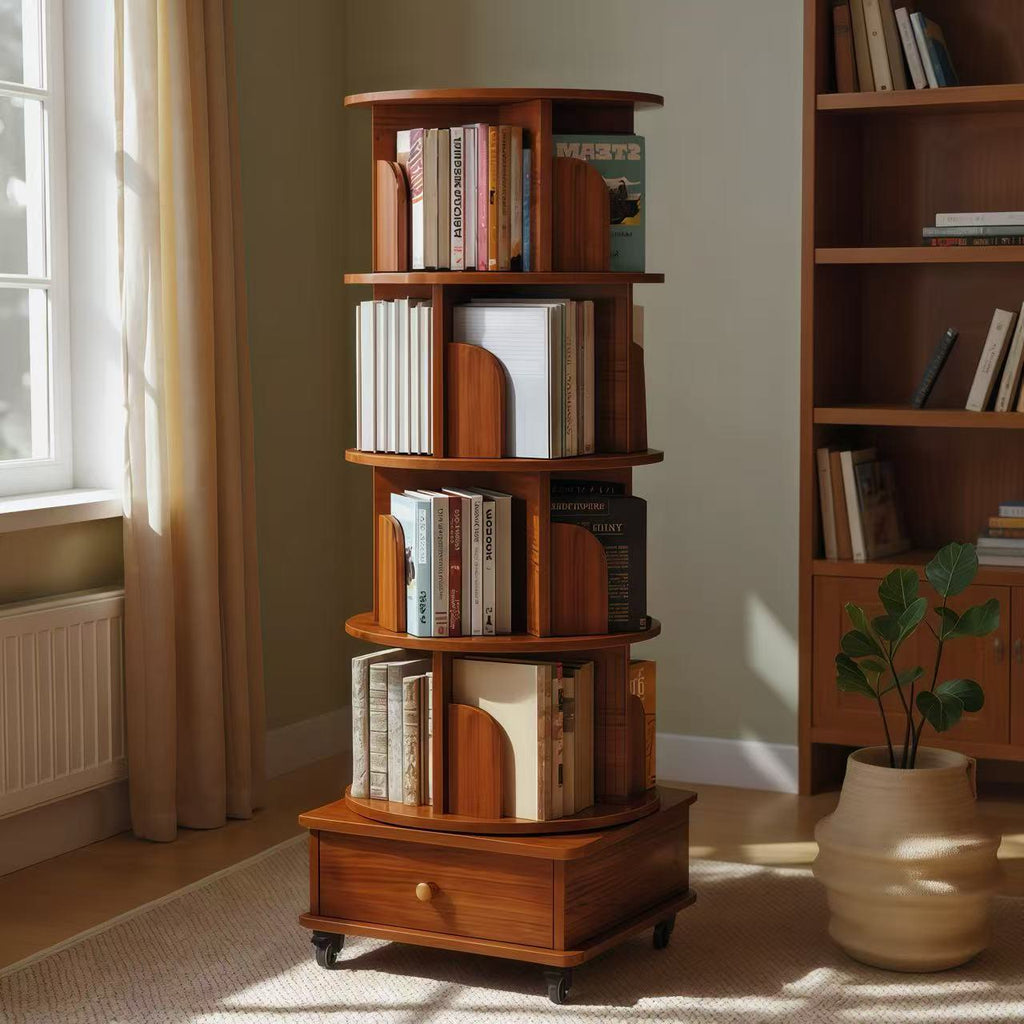 5-Tier Corner Bookcase for Small Spaces, 360-Degree Rotating Display Bookshelf with Drawer, 18" L x 18" W x 57" H, Walnut Brown