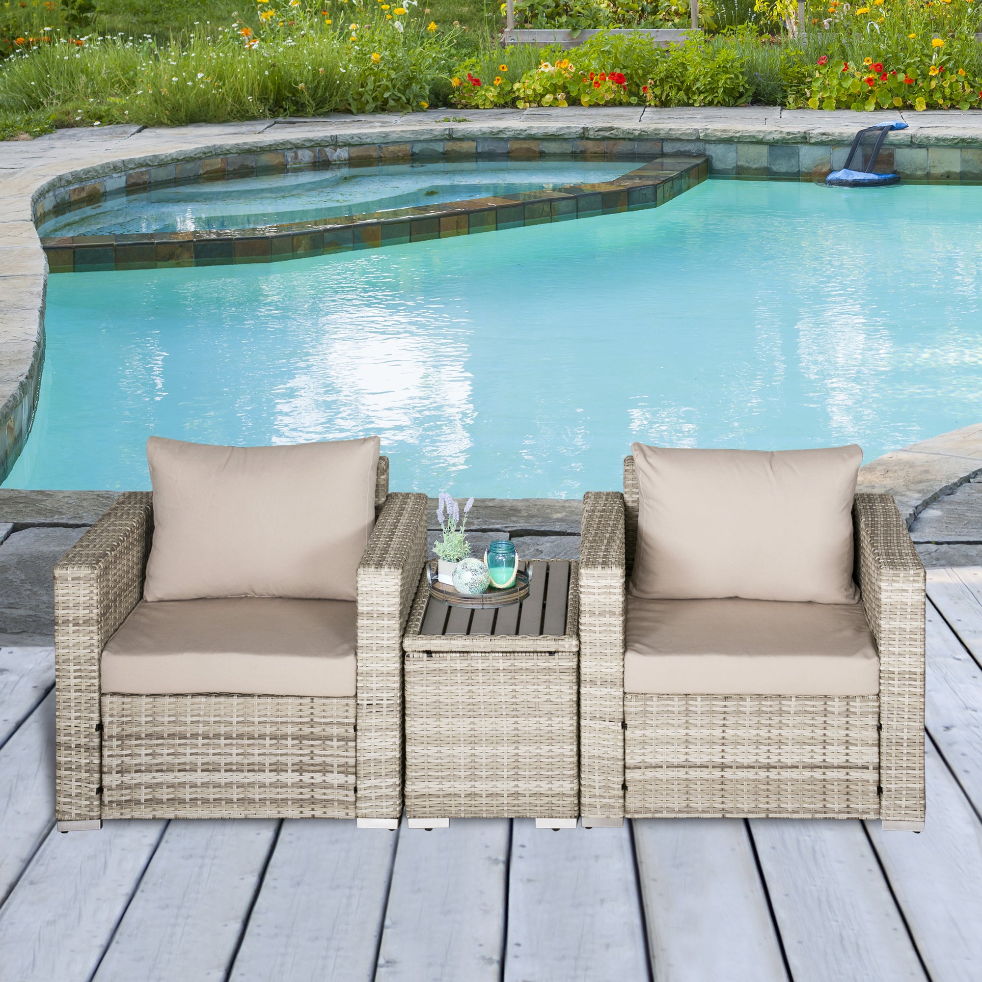 3 Piece Patio Furniture Set, PE Rattan Small Wicker Balcony Furniture, Table & Chairs with Cushions Composite Table, Conversation Set for Apartment, Gray
