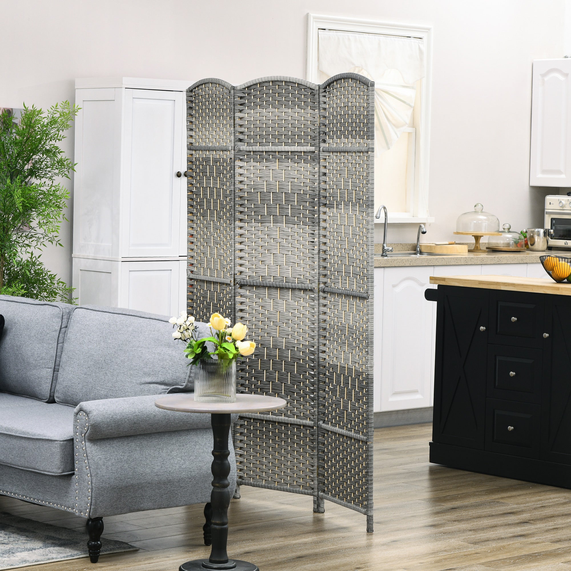 Folding Room Divider Screen 3 Panel 6' Tall Privacy Screen Freestanding Wood Partition for Home Office, Mixed Gray