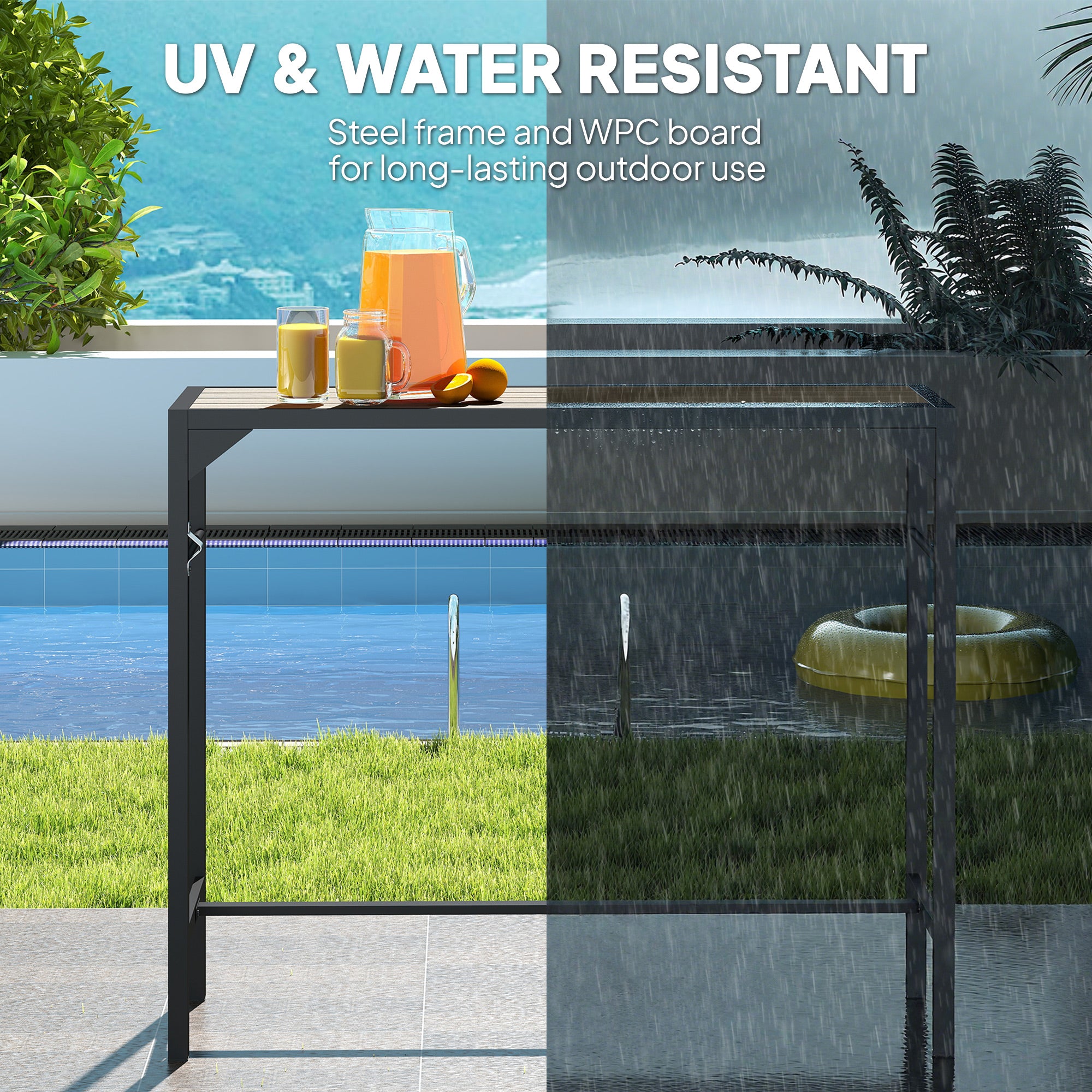 Outdoor Bar Table, Bar Height Patio Bar Table w/ Built-In Bottle Opener, Plastic Top with Wood Grain, 47.25" x 15" x 39"
