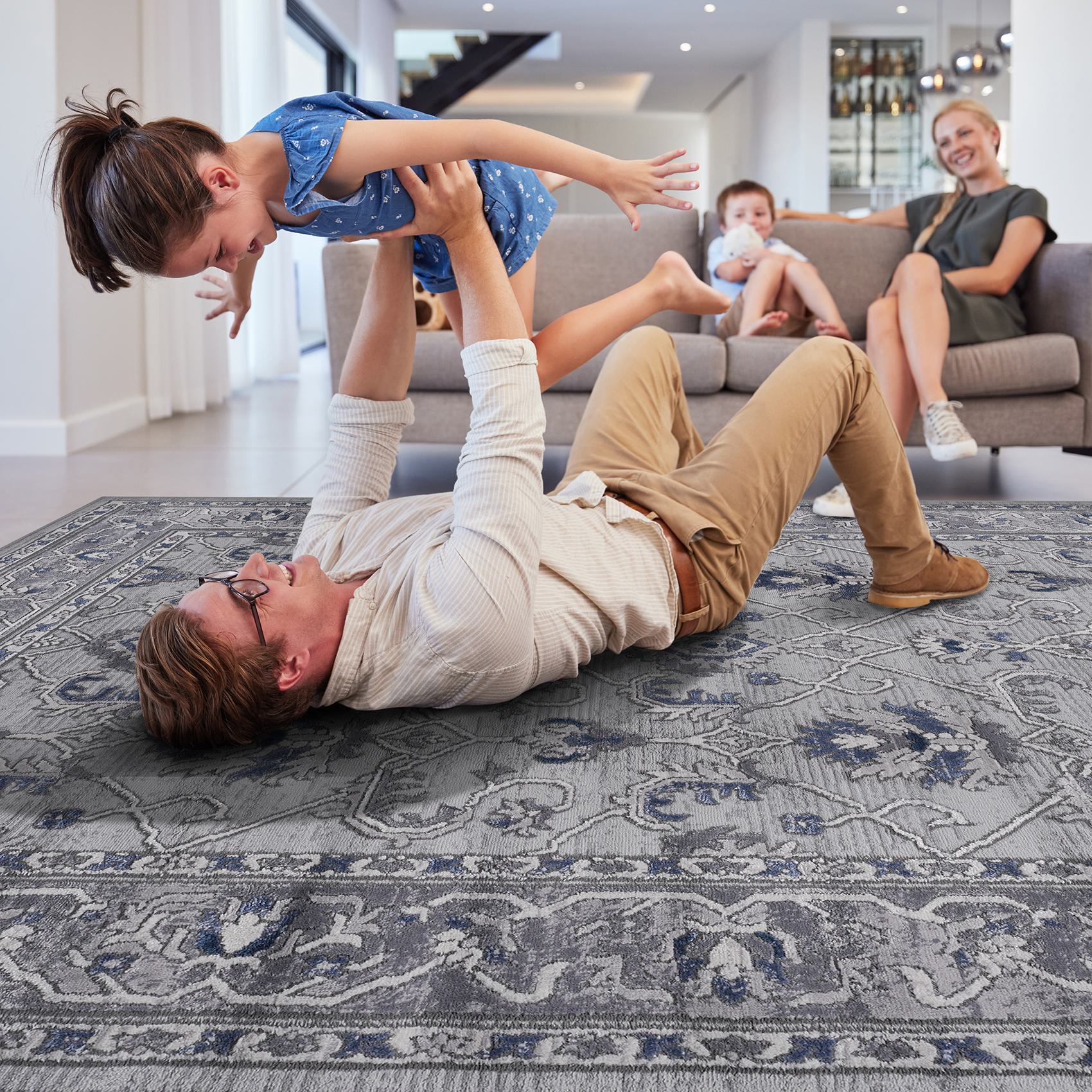 Naar 8x10 Stain-Resistant Area Rug with Cotton Backing, Medium Pile Height, Kid and Pet-Friendly Carpet, 120" L x 93" W x 0.35" H, Gray+Blue