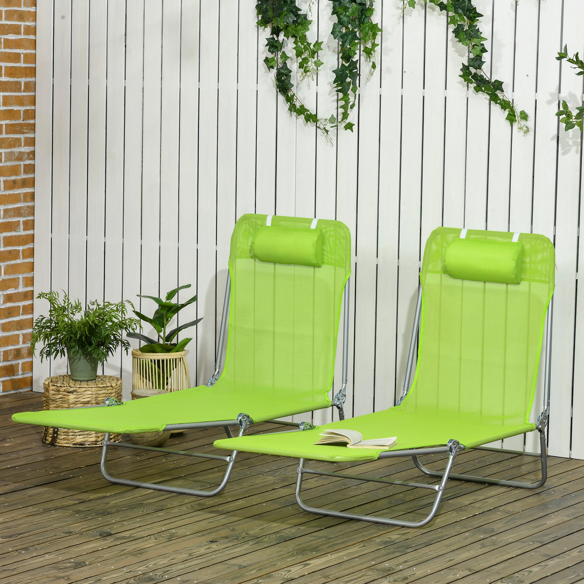 2 Piece Folding Chaise Lounge Chairs, Pool Sun Tanning Chairs with Reclining Back, Breathable Mesh Seat, Headrest for Beach, Yard, Patio, Green