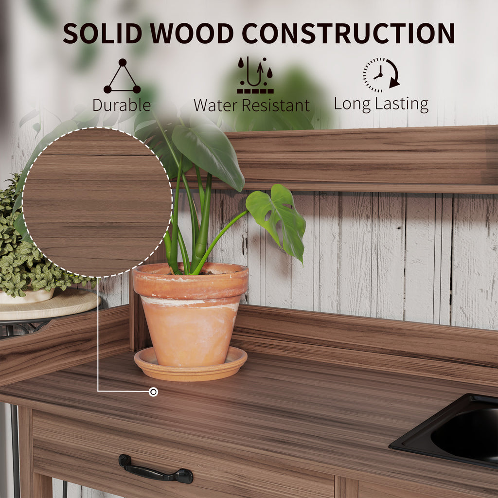 Potting Bench Table with Removable Sink, Outdoor Work Bench Table with Storage Cabinet, Hooks, Faucet and Drawer for Greenhouse, Garden, Patio, Dark Brown