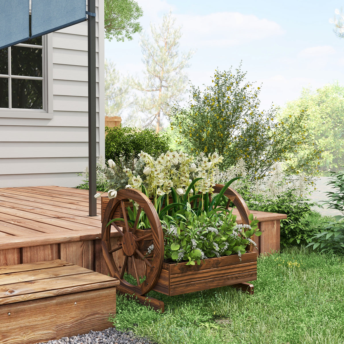 Wooden Wagon Planter Box, 3-Tier Raised Garden Bed, for Vegetables Flowers Herbs, 25" x 24" x 23"