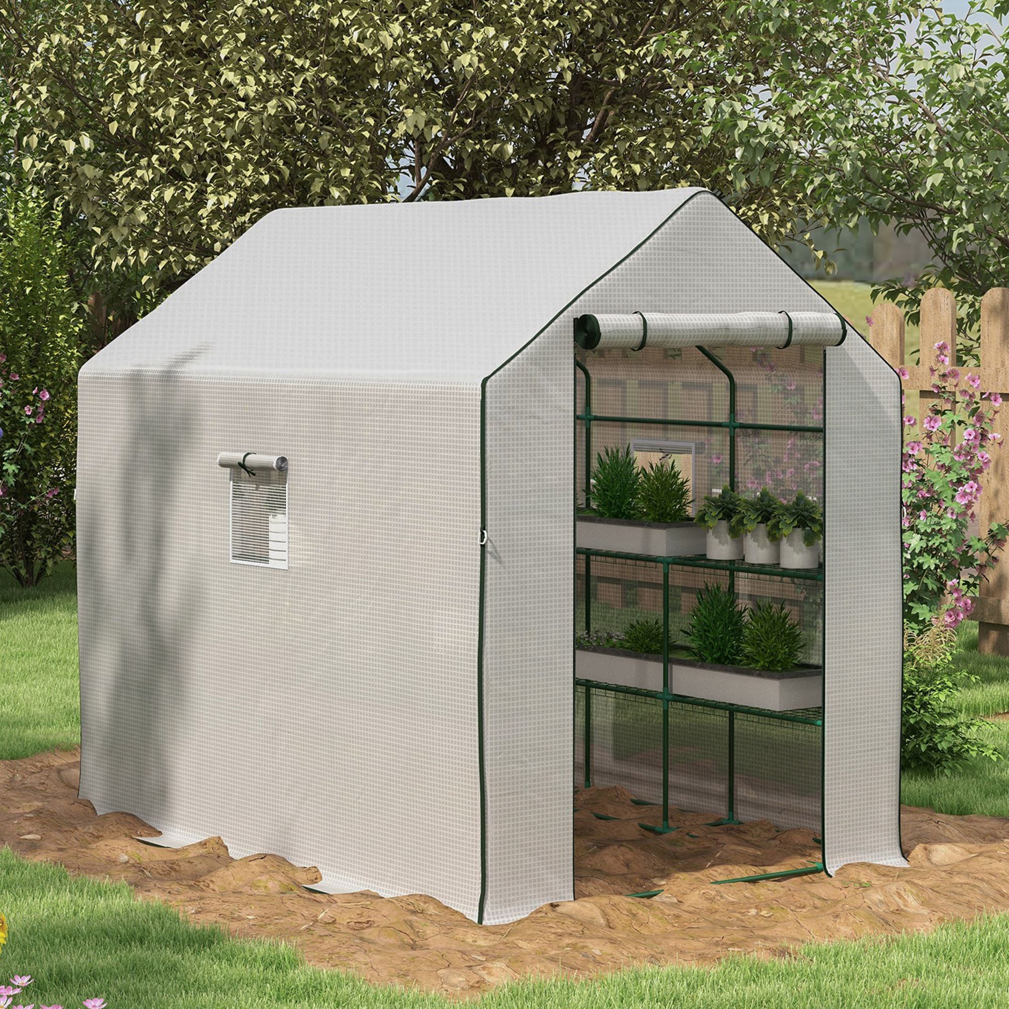Portable Greenhouse, Water/UV Resistant Walk-In Small Outdoor Green House with 2 Tier Flower Rack Shelves, White