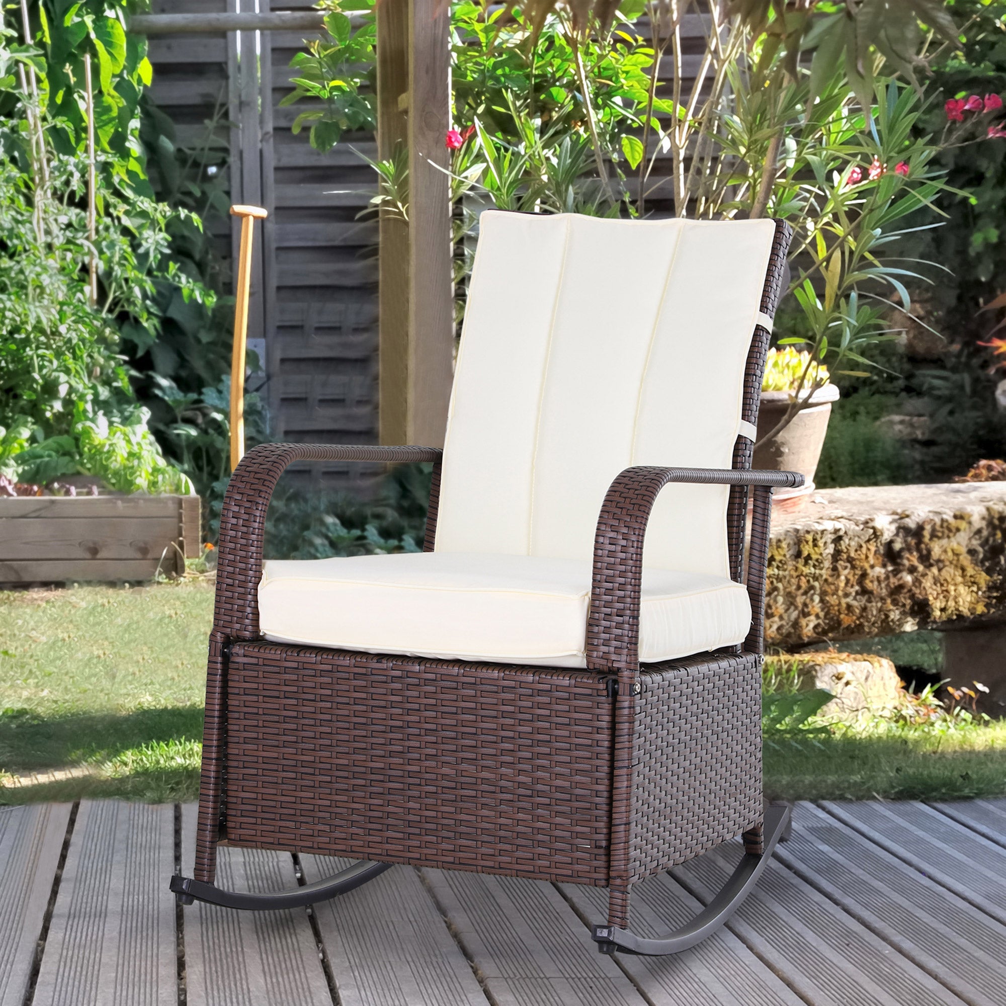PE Rattan Rocking Recliner with Footrest, Beige