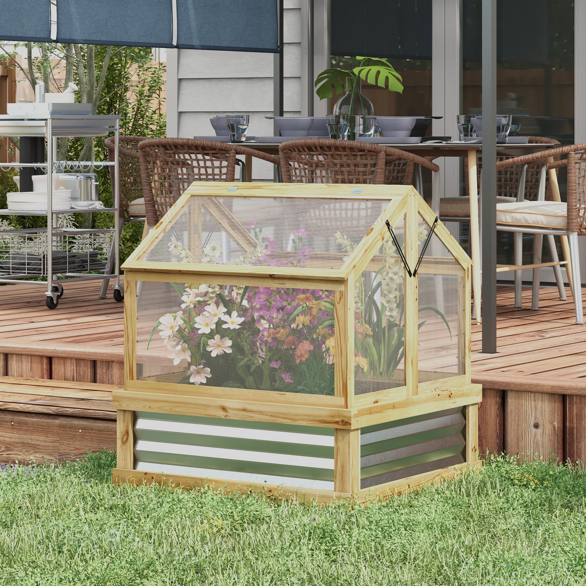 Raised Garden Flower Bed Kit with Greenhouse, Wooden Cold Frame Planter, 35.5" x 31.5" x 36", Natural