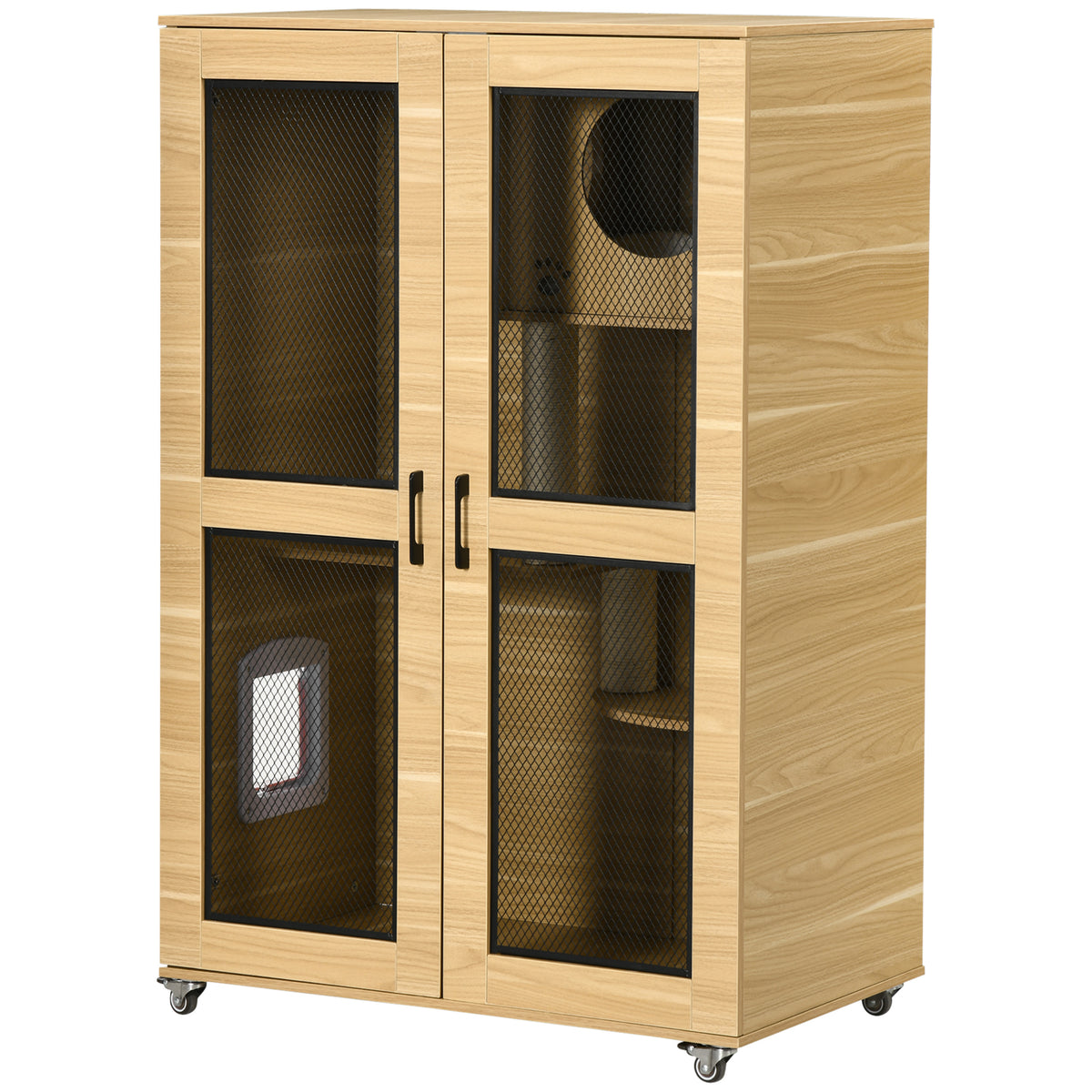 Luxury Cat House with Wheels, Kitty Cage Catio Villa for Indoor Cats with Scratching Posts, Condo, Flap Door, Cushion, Oak, 31.5" x 20" x 48.5"