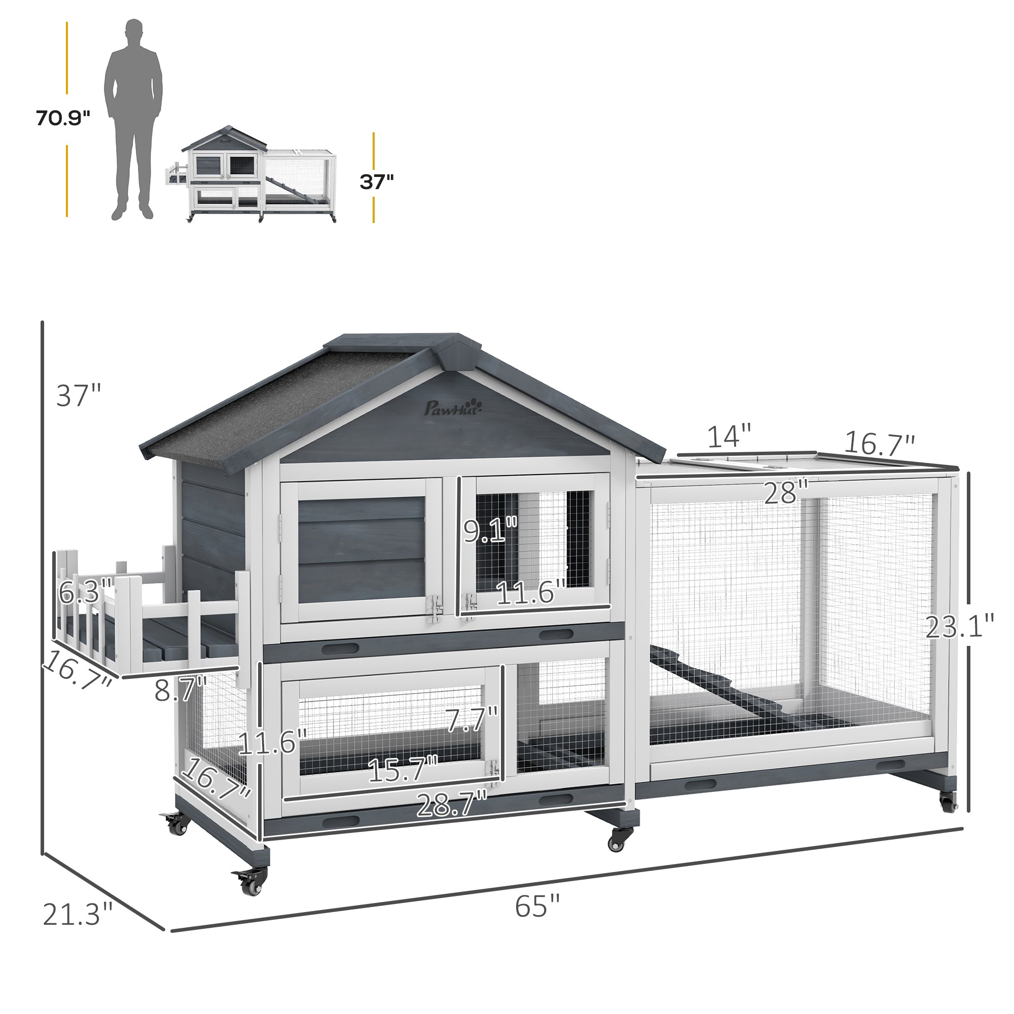 65" Wooden Rabbit Hutch, Pet Playpen with Openable Roof & Storage Box for Rabbits and Small Animals, Gray