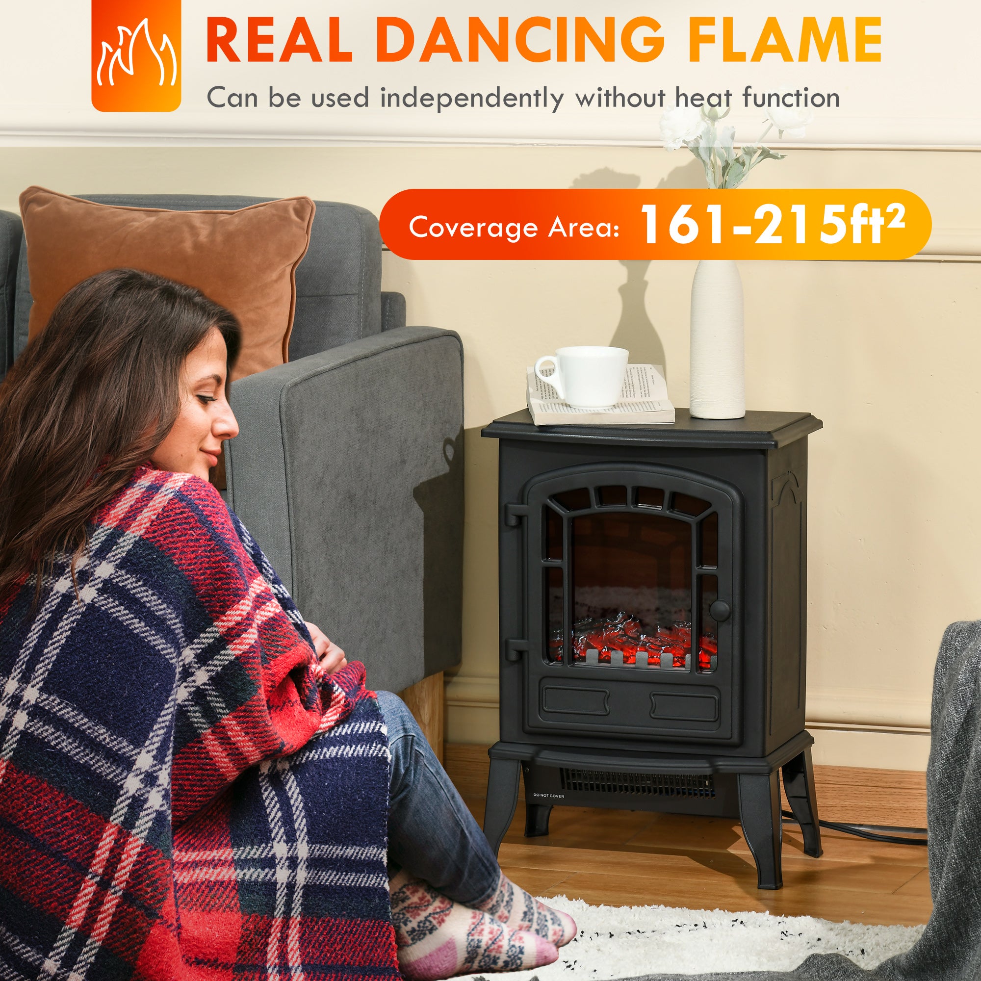 Electric Fireplace Heater, Freestanding Fireplace Stove with Realistic Flame Effect Overheat Protection 750W/1500W Black