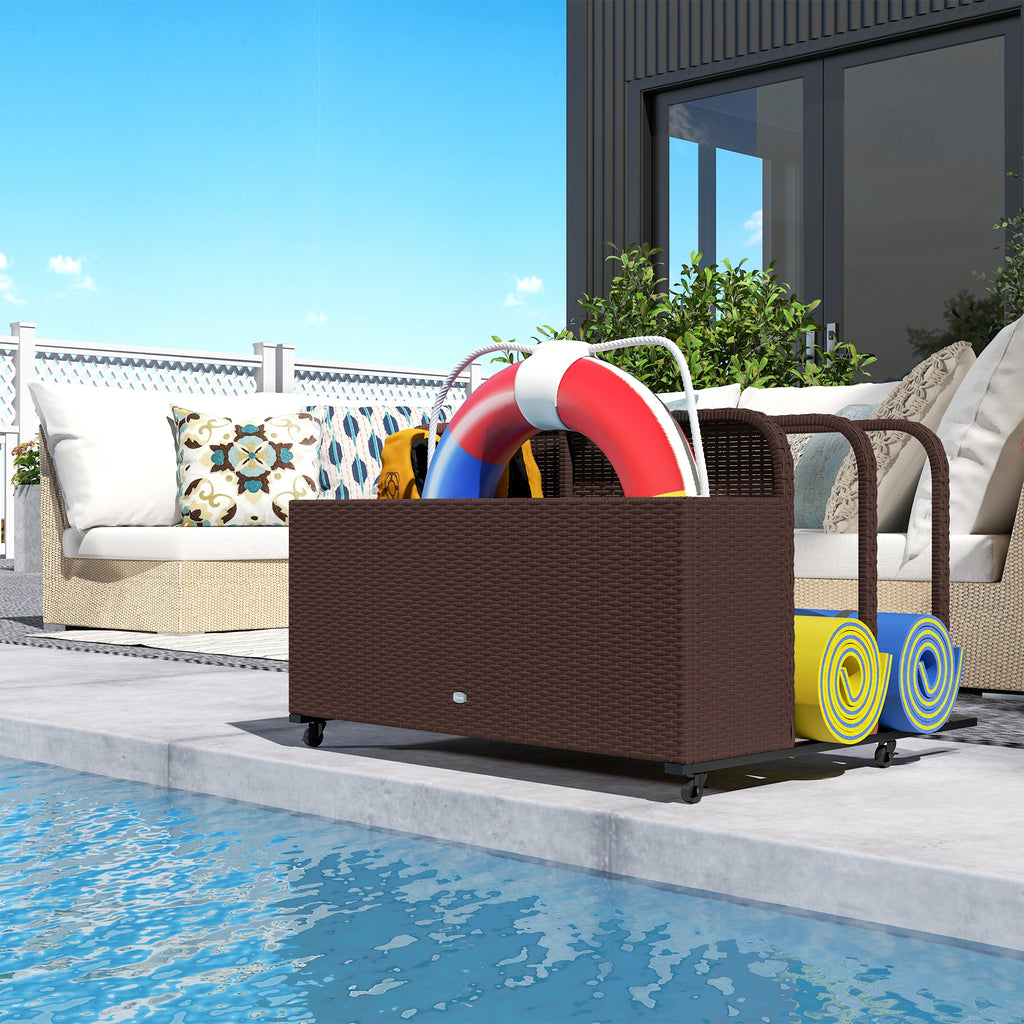 PE Rattan Pool Float Storage Organizer with Wheels, Brown