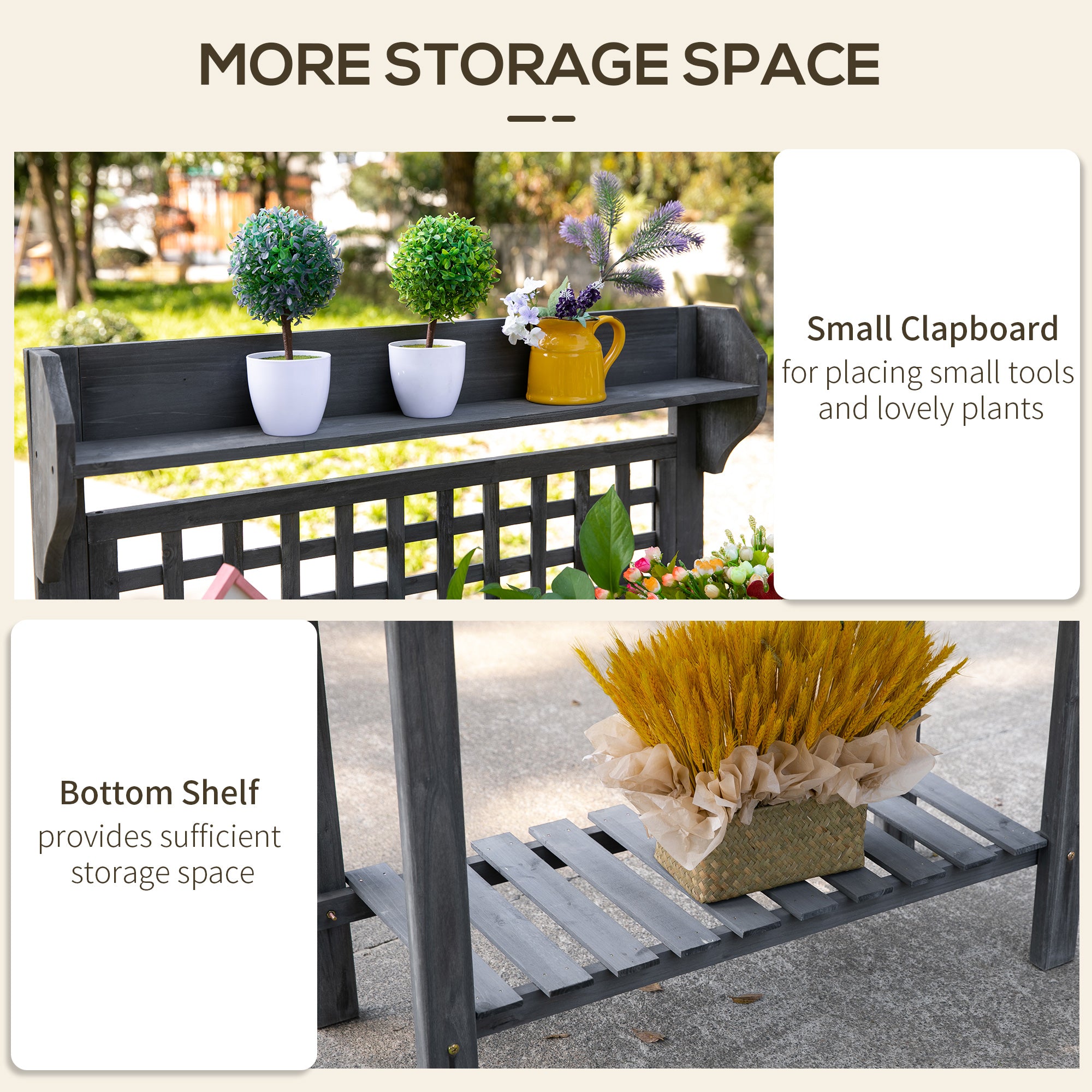 39'' Wooden Garden Potting Bench Work Table with Hidden Storage, Sliding Tabletop, Below Clapboard, Upper Shelf, Gray