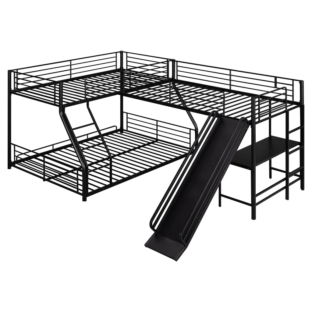 L-Shaped Twin over Full Bunk Bed with Twin Loft, Built-in Desk, Slide, Metal Frame, 117.5" L x 77.5" W x 53" H, Black