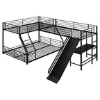 L-Shaped Twin over Full Bunk Bed with Twin Loft, Built-in Desk, Slide, Metal Frame, 117.5" L x 77.5" W x 53" H, Black