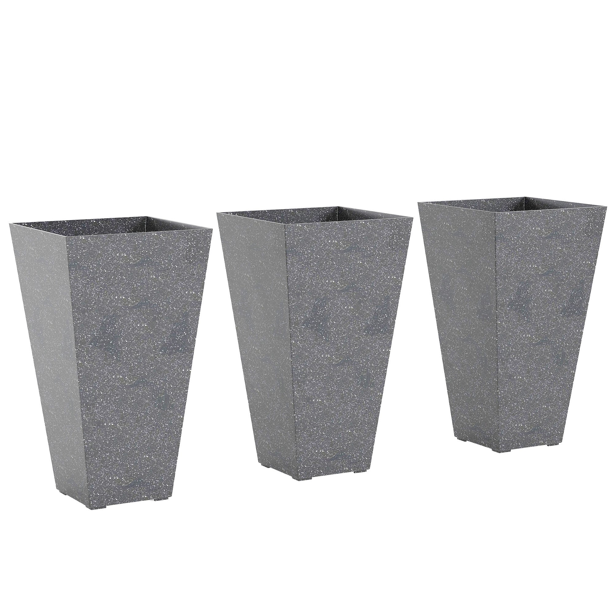 28" Tall Planters, Set of 3 Plastic Flower Pots with Marble Finish and Drainage Holes, Stackable Taper Planters, Gray