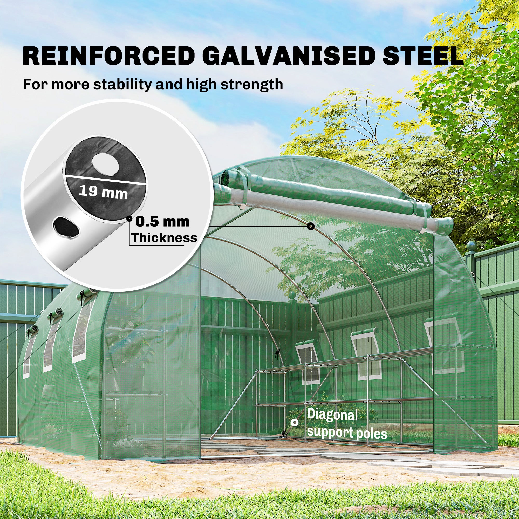10'x11'x6' Walk-in Tunnel Greenhouse with Shelves, Mesh Door and Windows, Hoop House Greenhouse with PE Cover, Green