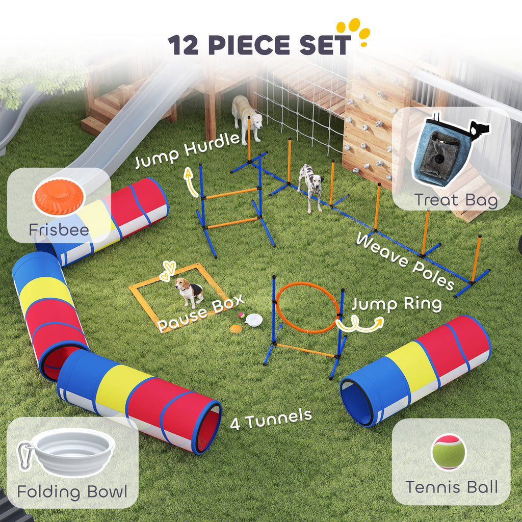 Dog Agility Training Equipment, 12-Piece Dog Obstacle Course with Adjustable Hurdle & Ring, 4 Tunnels, Weave Poles