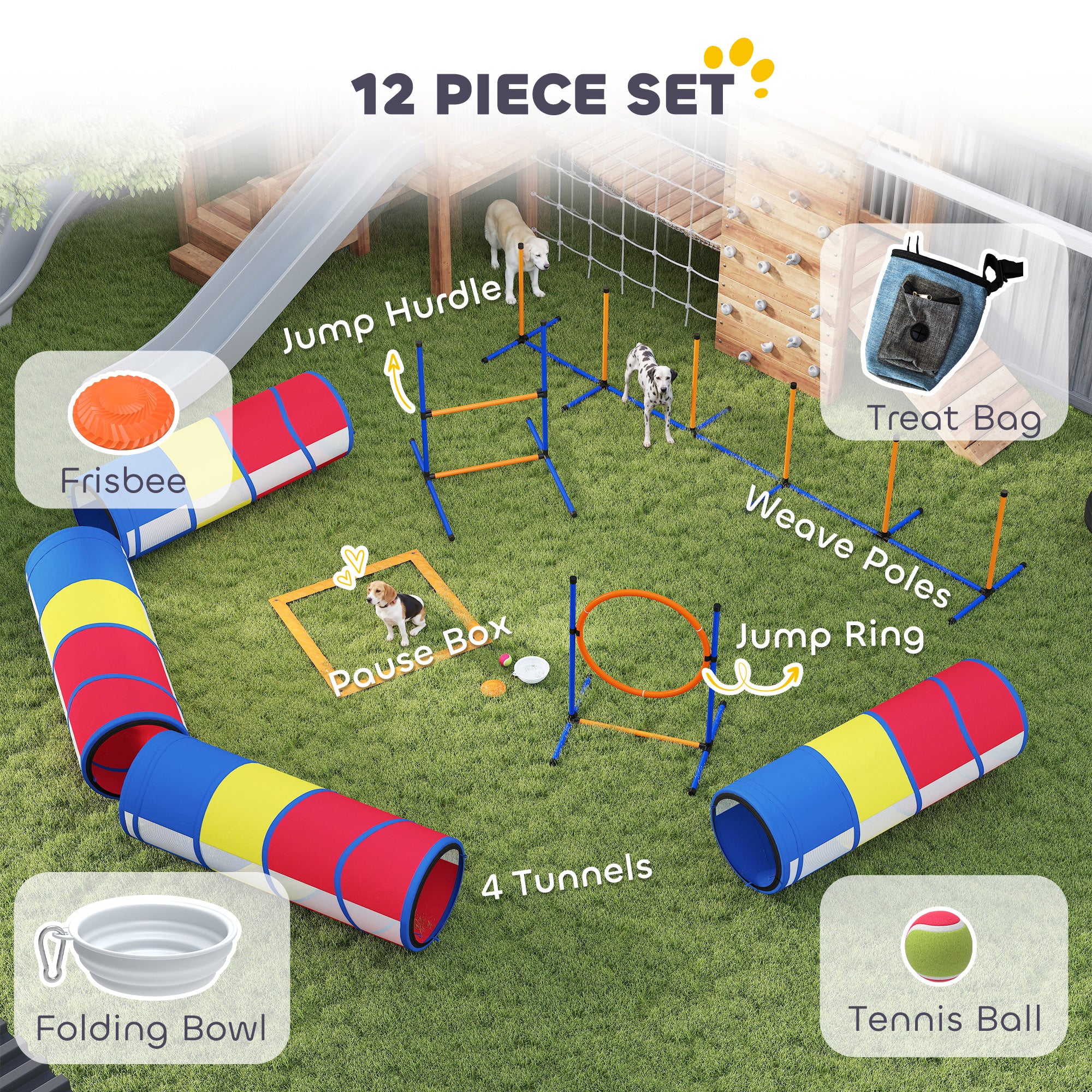 Dog Agility Training Equipment, 12-Piece Dog Obstacle Course with Adjustable Hurdle & Ring, 4 Tunnels, Weave Poles