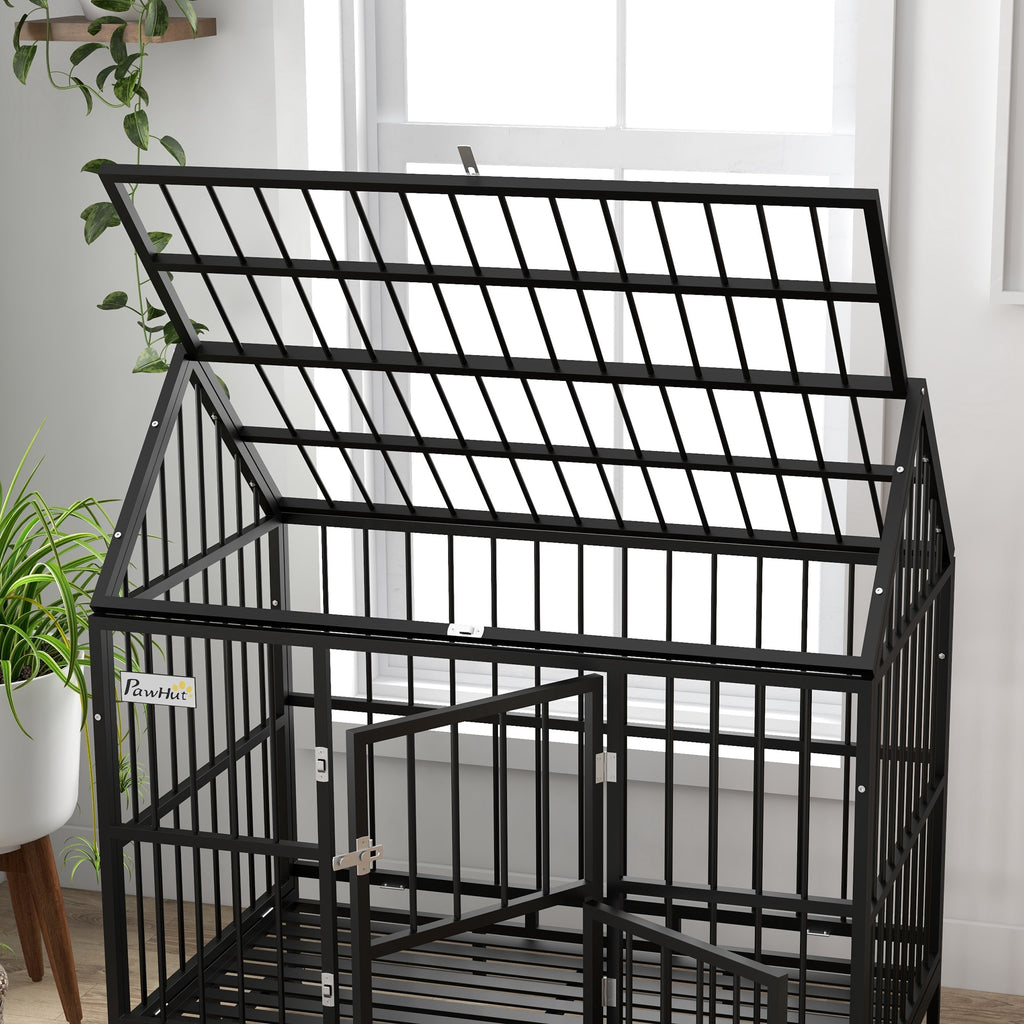 48" Heavy Duty Dog Crate with 4 Lockable Wheels, Double Doors, and Removable Tray, for XL and L Dogs