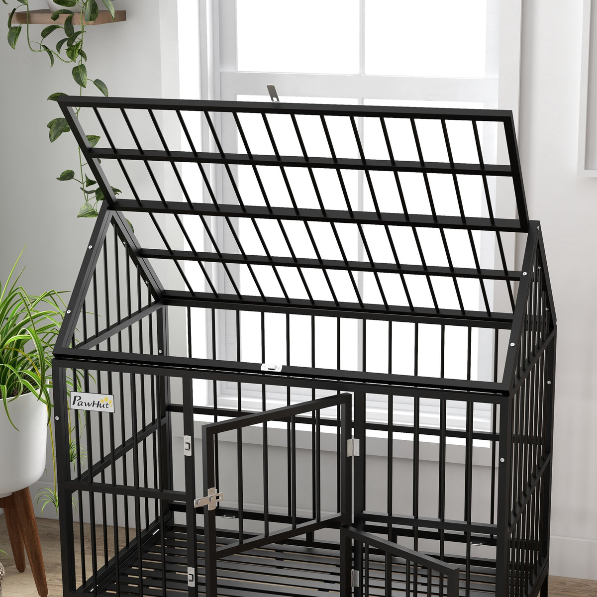 48" Heavy Duty Dog Crate with 4 Lockable Wheels, Double Doors, and Removable Tray, for XL and L Dogs
