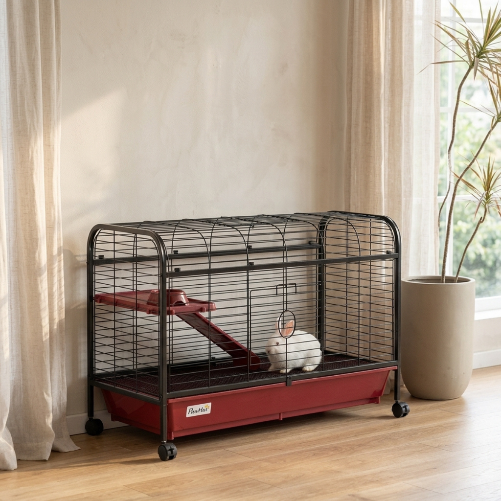41"L Small Animal Cage, Pet Play House for Rabbit Hutch Ferret with Feeder, Rolling Wheels, Platform, Ramp