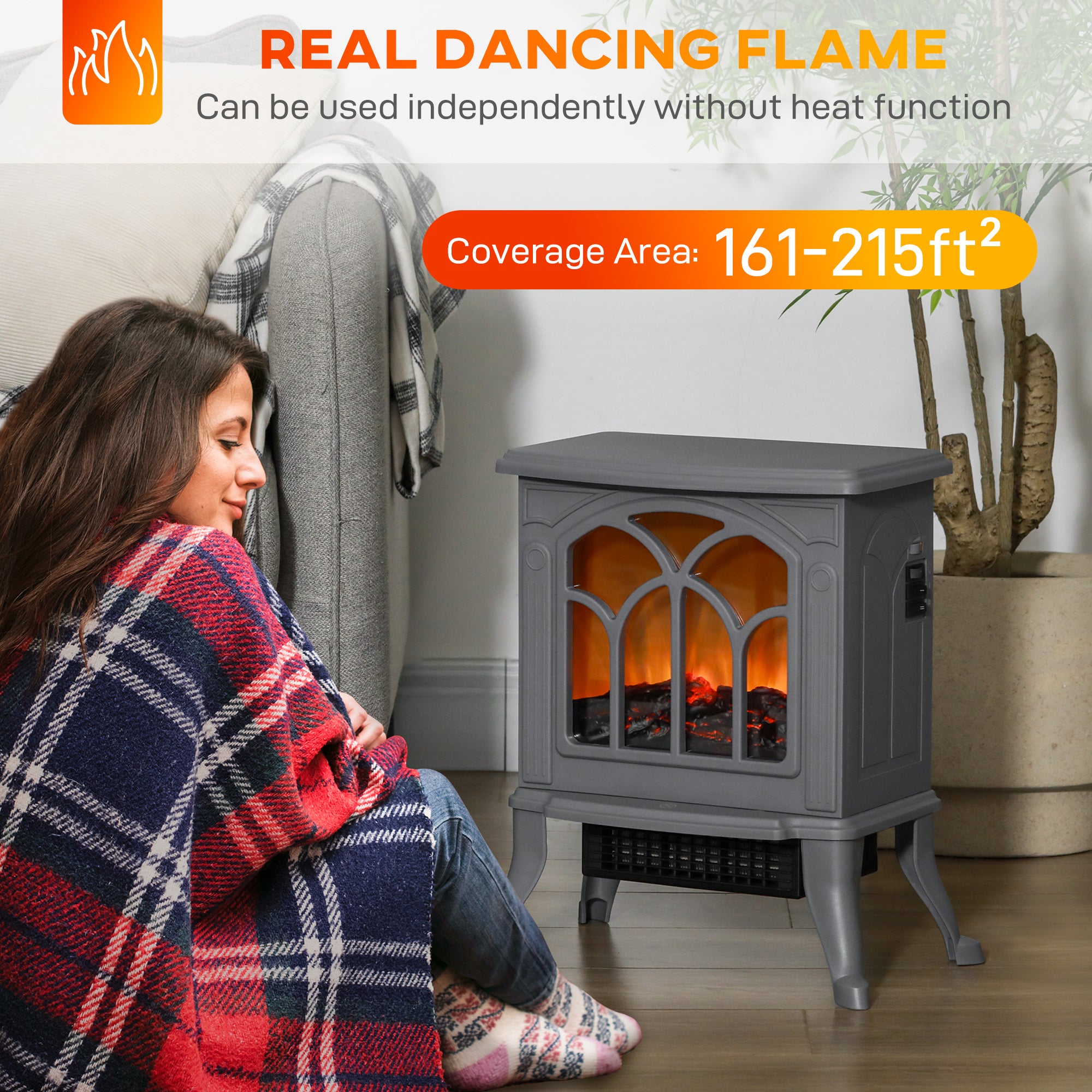 Electric Fireplace Heater, Freestanding Fireplace Stove with Realistic Logs and Flame Effect, 750W/1500W, Gray