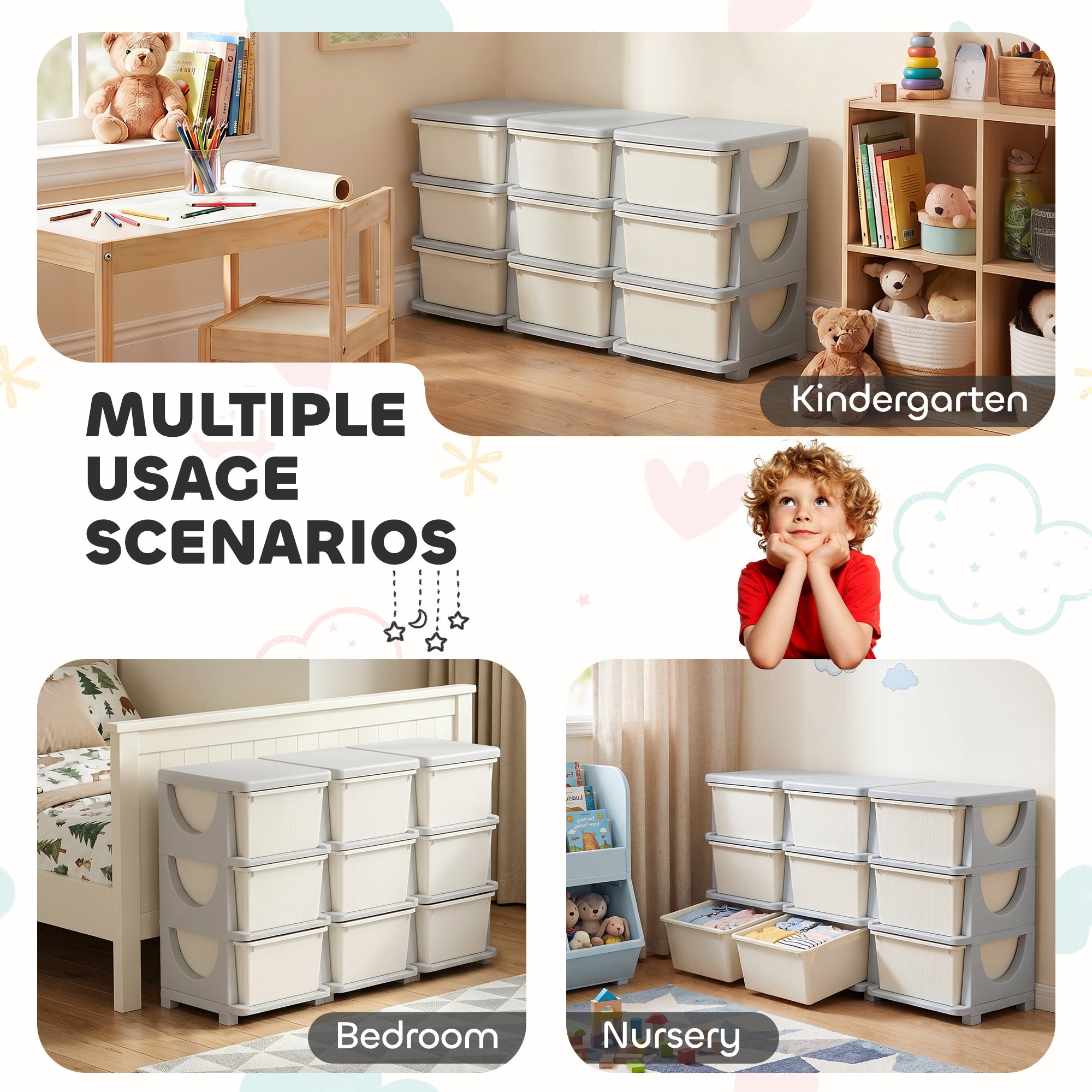 29.5" 3 Tier Kids Storage Unit Dresser Tower w/ 9 Drawers, Cream White