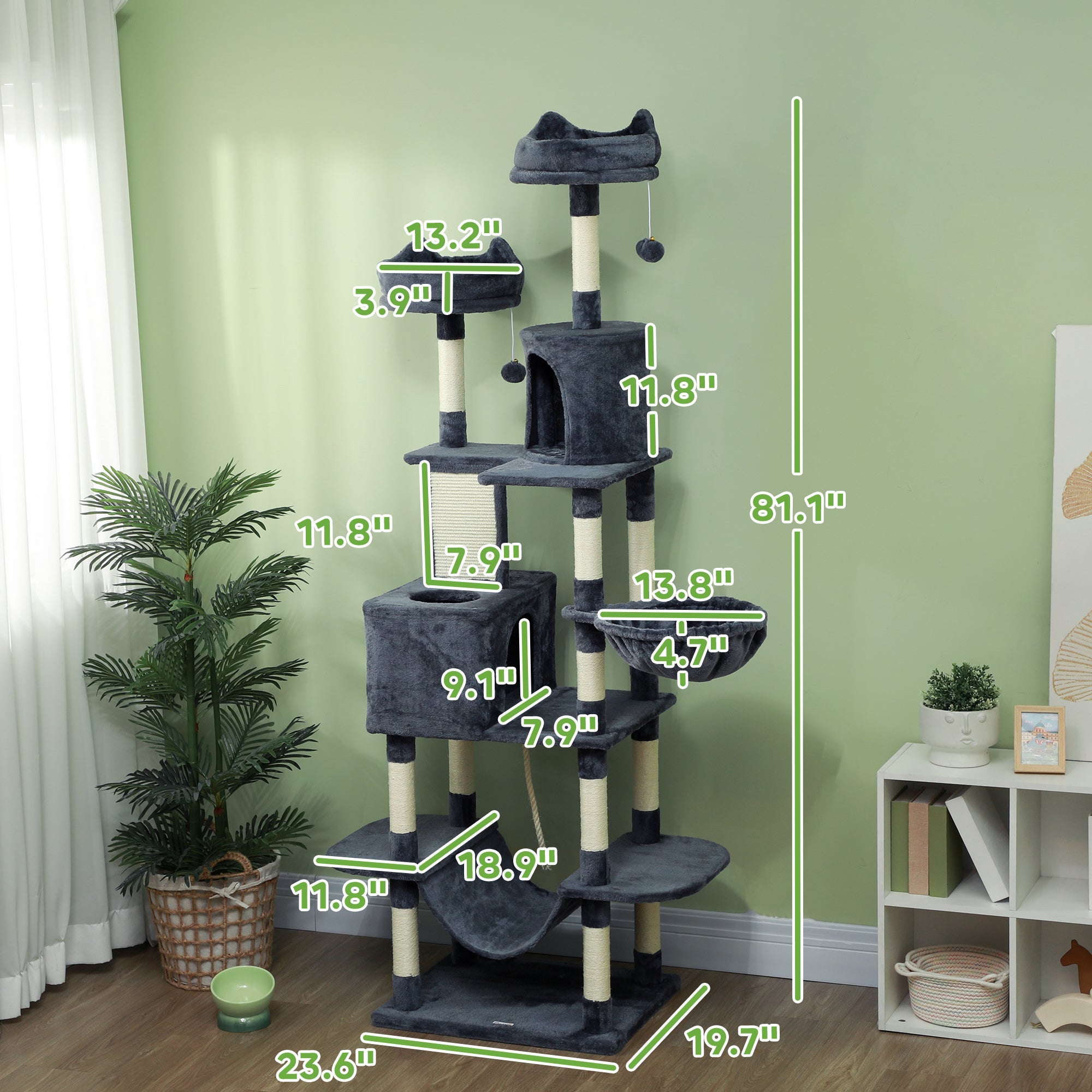 81" Cat Tree w/ Cat Scratching Posts, Scratching Board, Condos, Beds, Hammocks, Toy Balls, Rope Cat Toy, Gray