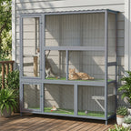 Catio Outdoor Cat Enclosure, 77" H Wooden Cat House with Weatherproof Roof, Platforms and Scratching Post