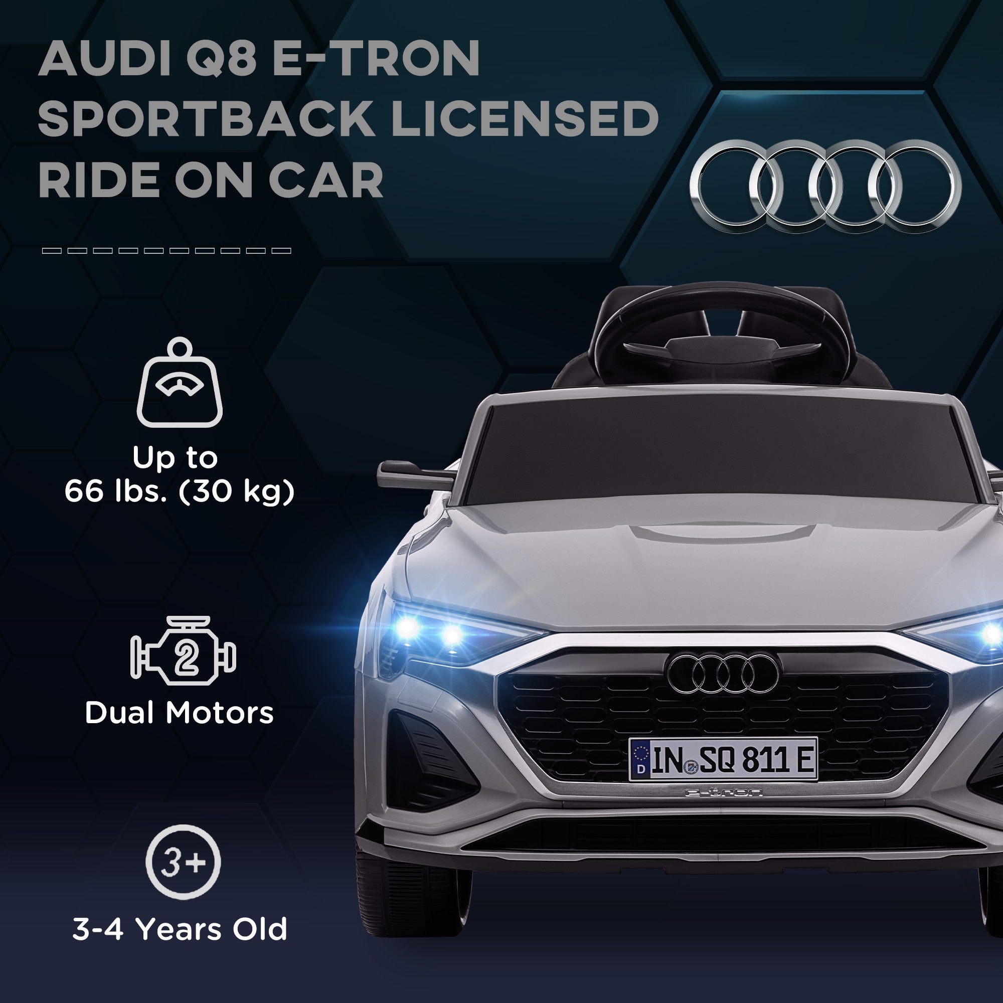 Q8 e-tron Sportback Licensed 12V Battery Powered Kids Electric Car w/ Spring Suspension, Soft Start, Gray