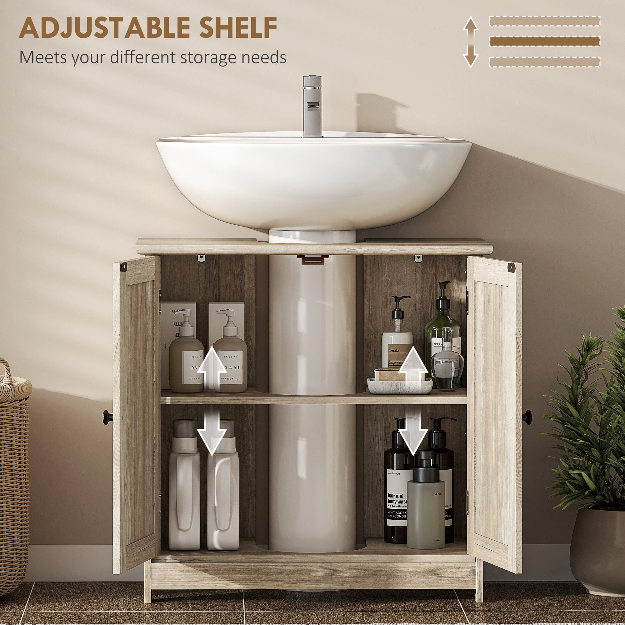 Bathroom Vanity Cabinet, Under Sink Bathroom Cabinet with 2 Doors and Adjustable Shelf, Weathered Gray Oak