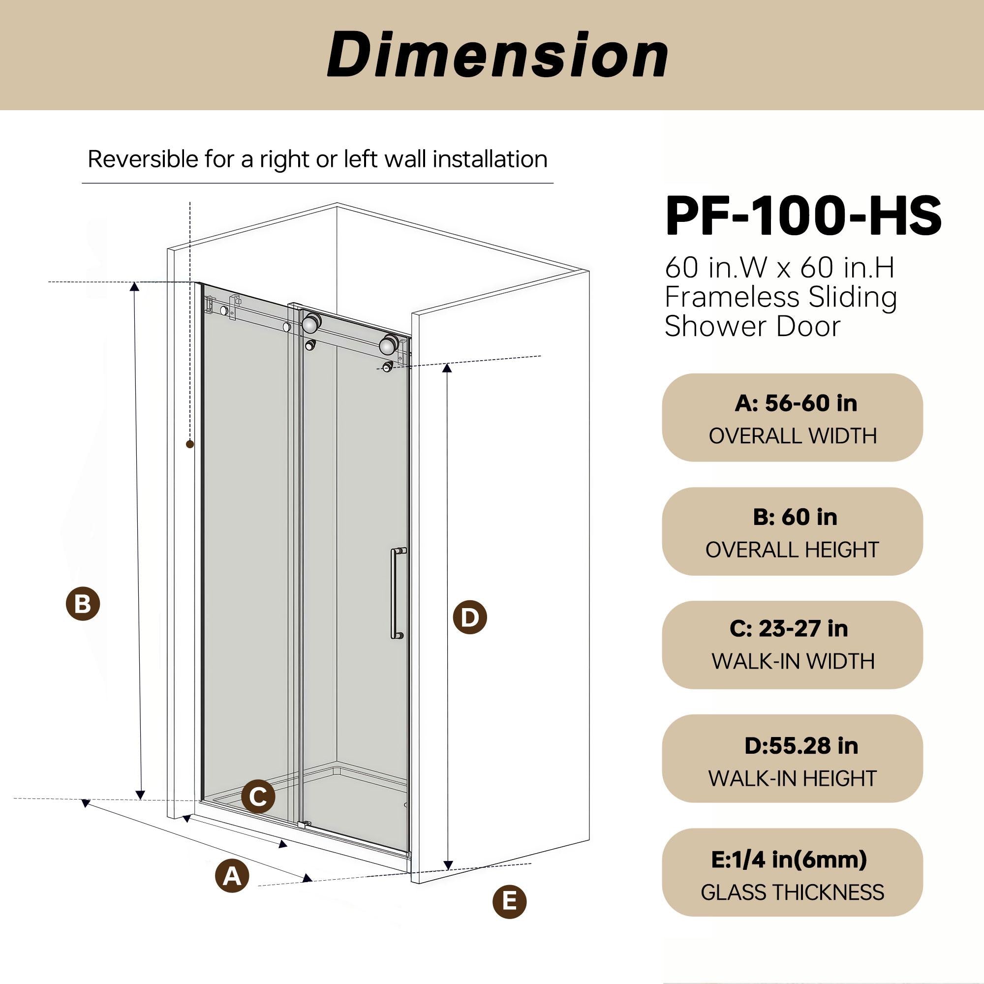 Frameless Sliding Shower Door with Smooth Quiet Stainless Steel Rollers & Round Tracks, Panel for Bathroom, 60" L x 0.5" W x 60" H, Matt Black
