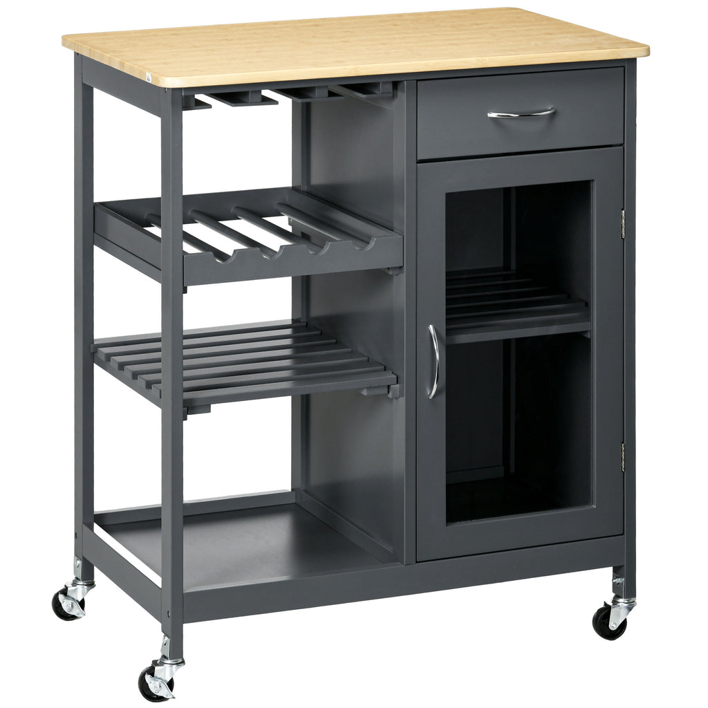 Rolling Kitchen Island with Storage, Kitchen Cart with 4-bottle Wine Rack, Bar Cart with Stemware Holder, Shelves, Drawer and Cabinet, Gray