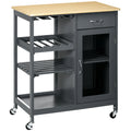 Rolling Kitchen Island with Storage, Kitchen Cart with 4-bottle Wine Rack, Bar Cart with Stemware Holder, Shelves, Drawer and Cabinet, Gray