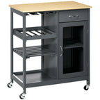 Rolling Kitchen Island with Storage, Kitchen Cart with 4-bottle Wine Rack, Bar Cart with Stemware Holder, Shelves, Drawer and Cabinet, Gray