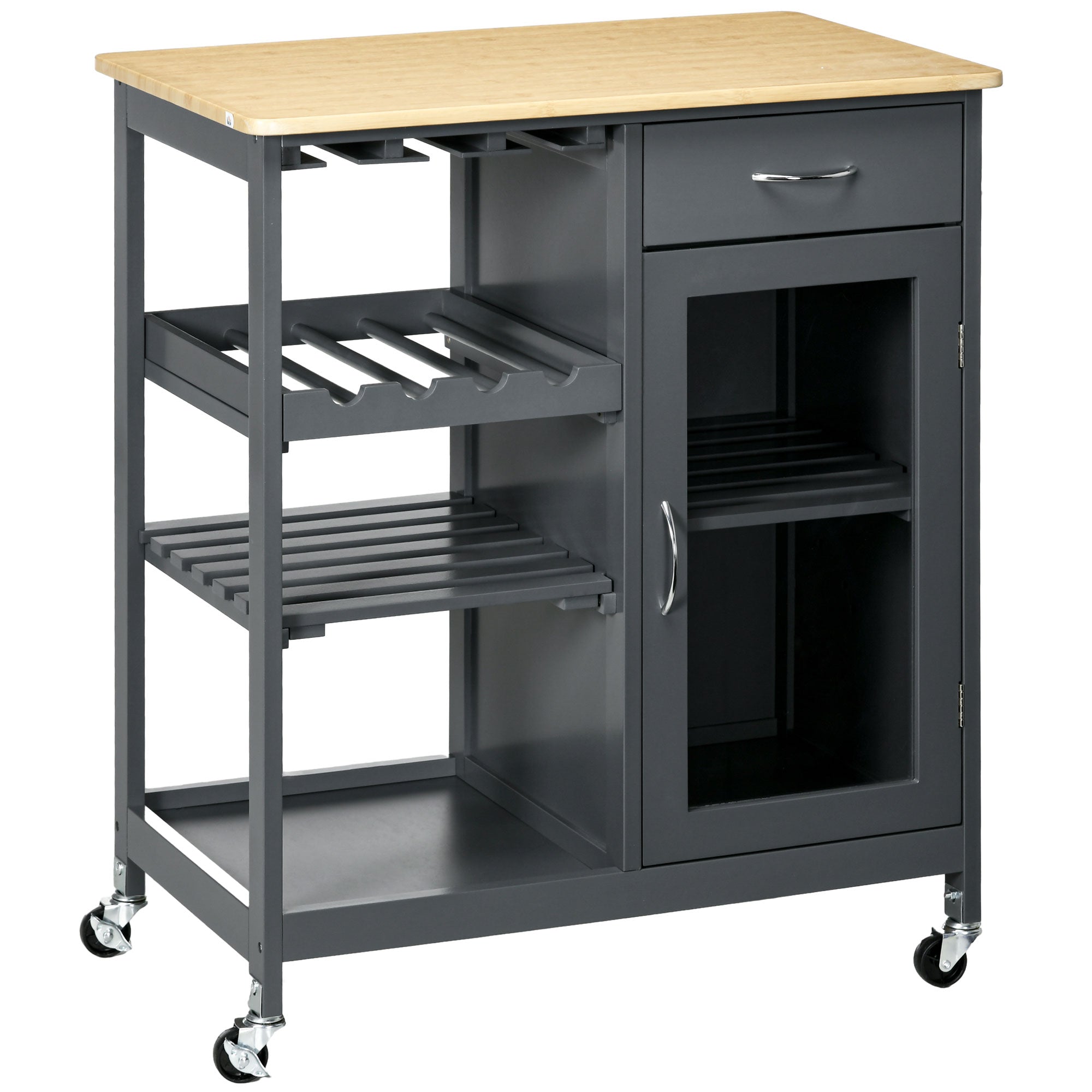 Rolling Kitchen Island with Storage, Kitchen Cart with 4-bottle Wine Rack, Bar Cart with Stemware Holder, Shelves, Drawer and Cabinet, Gray