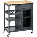 Rolling Kitchen Island with Storage, Kitchen Cart with 4-bottle Wine Rack, Bar Cart with Stemware Holder, Shelves, Drawer and Cabinet, Gray