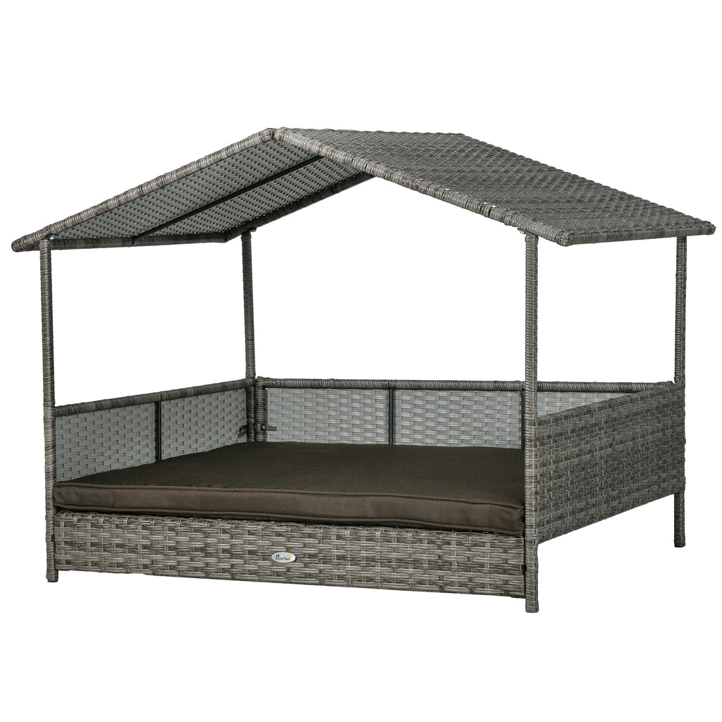 Outdoor Dog Bed with Canopy, Rattan Dog Bed with Soft Cushion Removable Cover for Medium and Large Dogs, Charcoal Gray